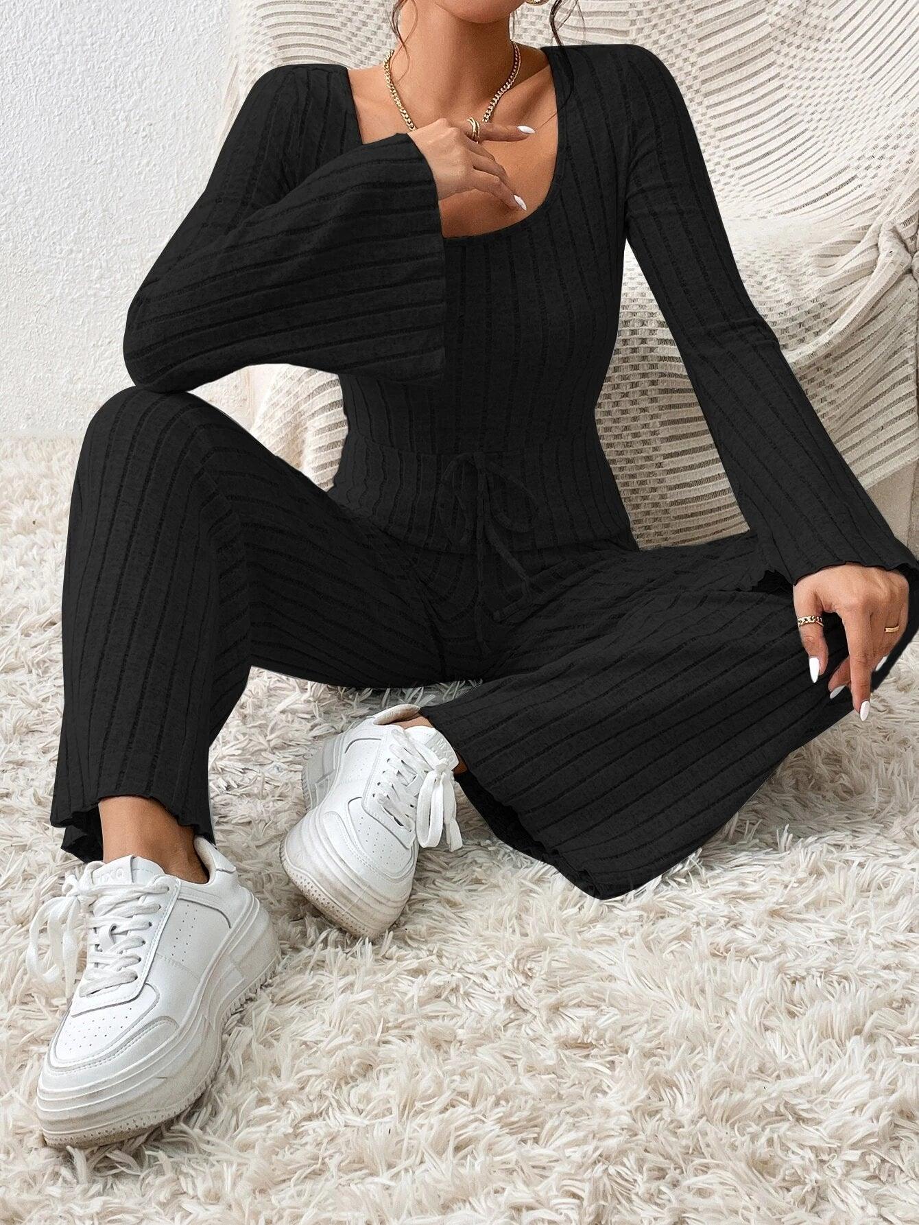 Square Neck Flounce Sleeve Knot Front Jumpsuit