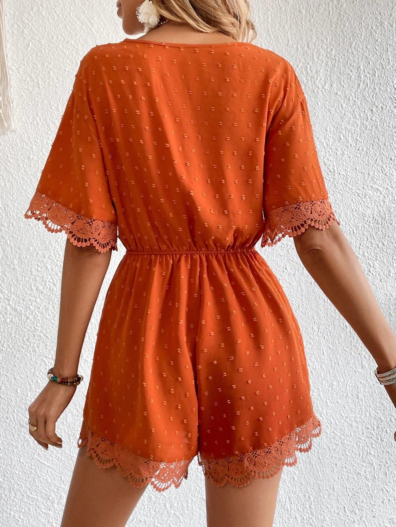 Swiss Dot Contrast Lace Trim Surplice Neck Romper-Comfy Jumpsuits