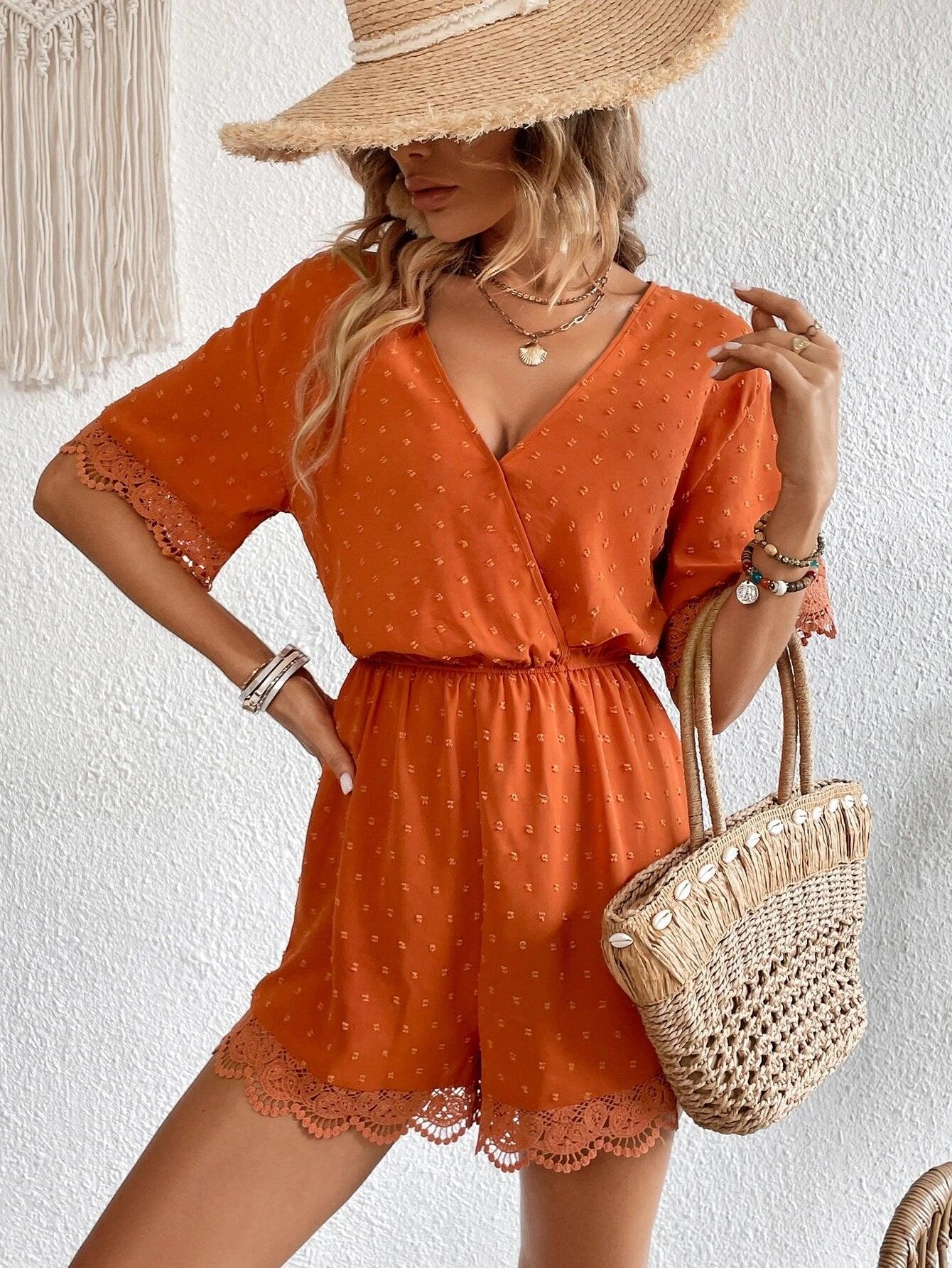 Swiss Dot Contrast Lace Trim Surplice Neck Romper-Comfy Jumpsuits