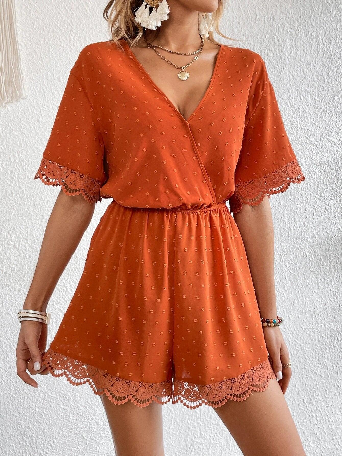 Swiss Dot Contrast Lace Trim Surplice Neck Romper-Comfy Jumpsuits