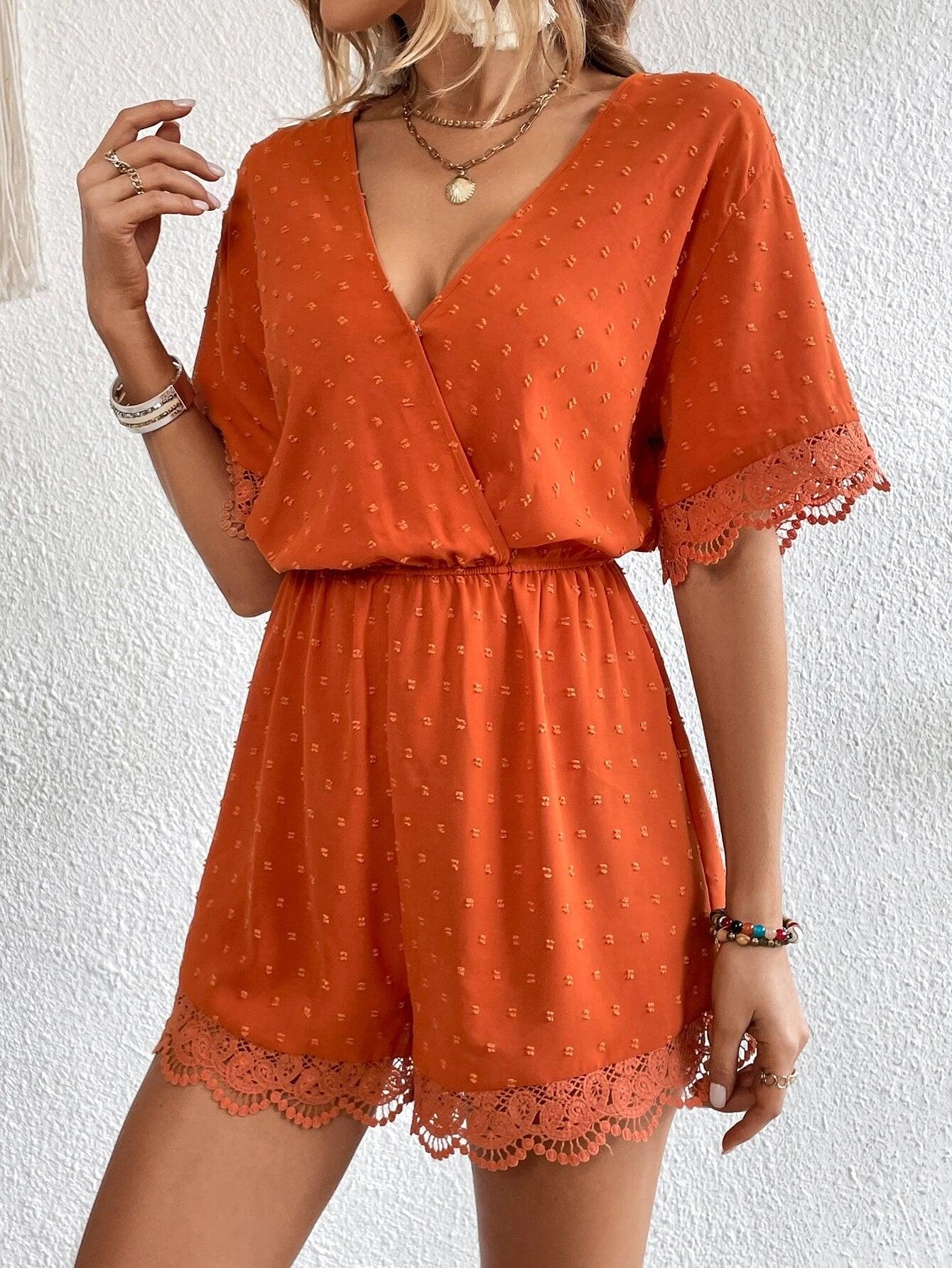 Swiss Dot Contrast Lace Trim Surplice Neck Romper-Comfy Jumpsuits