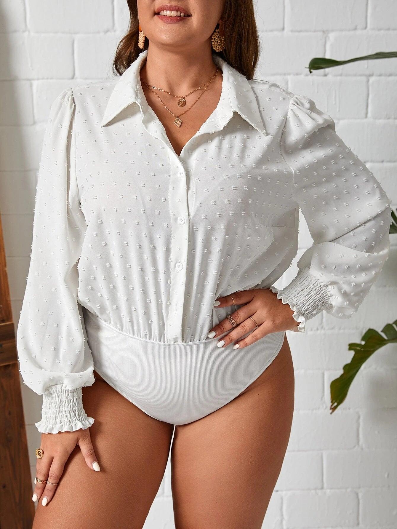 Swiss Dot Button Front Shirt Bodysuit-Comfy Jumpsuits