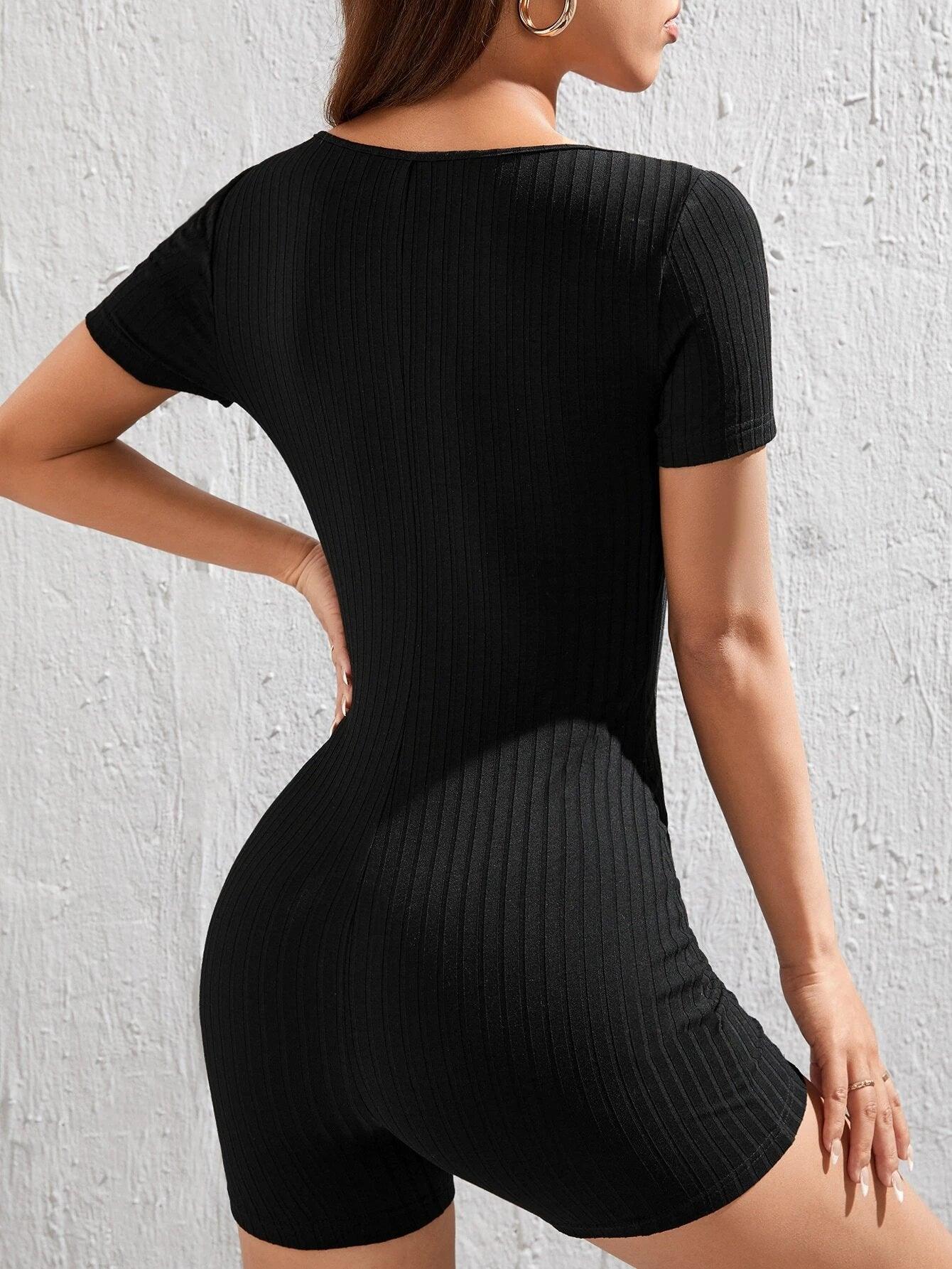 Letter Patched Detail Half Button Unitard Romper-Comfy Jumpsuits