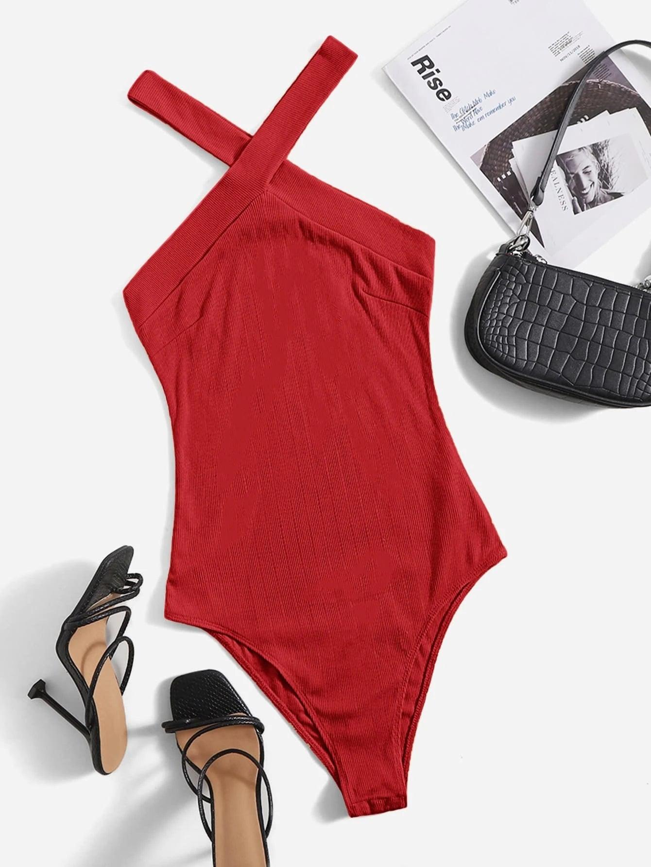 Solid Halter Bodysuit-Comfy Jumpsuits