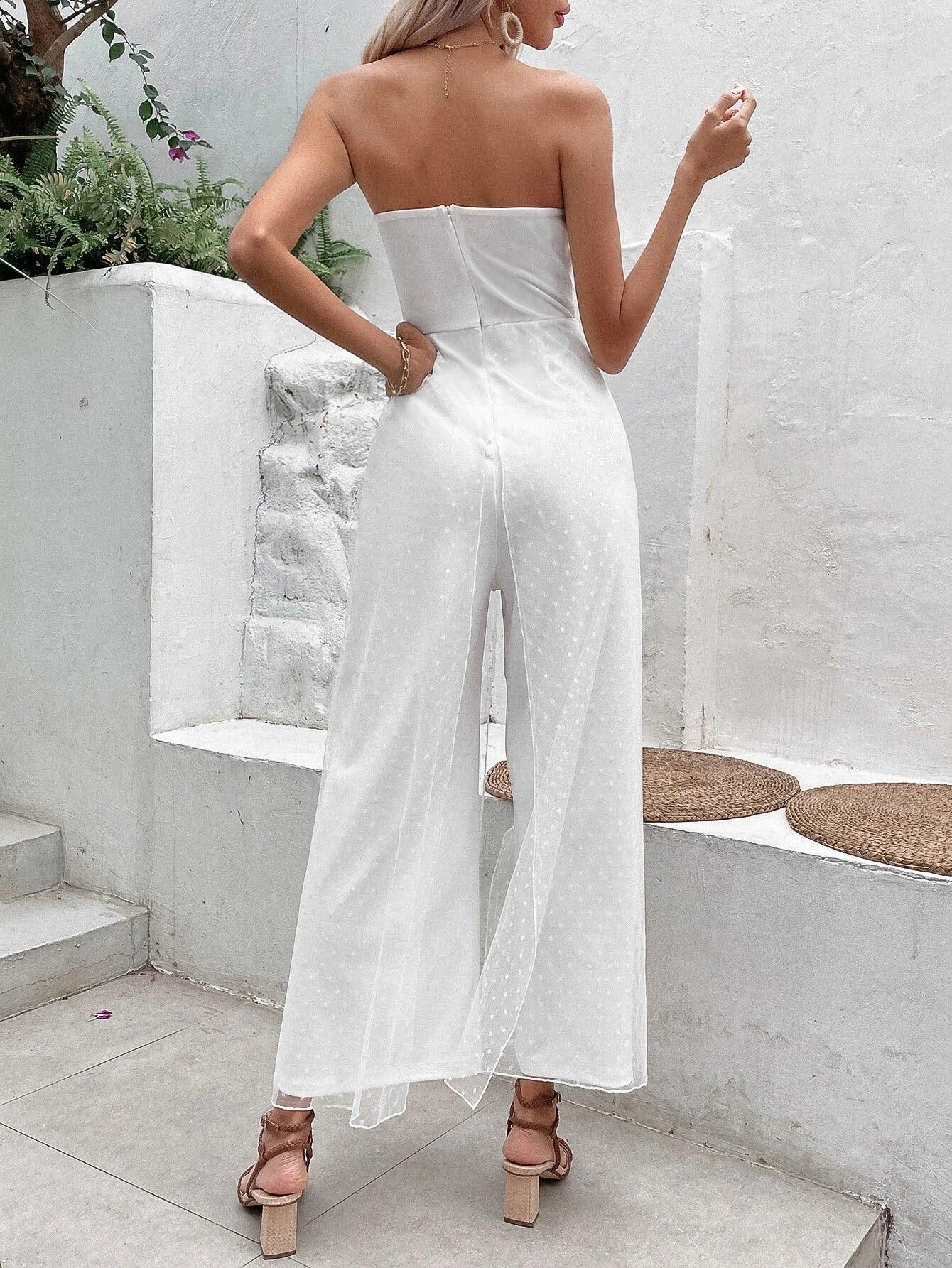 Solid Colored Contrast Mesh Jumpsuit Without Belt-Comfy Jumpsuits