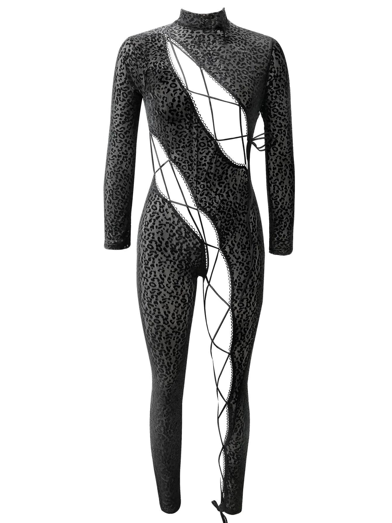 Leopard Print Side Mesh Jumpsuit-Comfy Jumpsuits