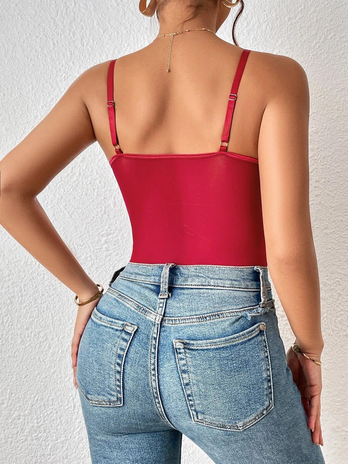 Lace Insert Mesh Bodysuit-Comfy Jumpsuits