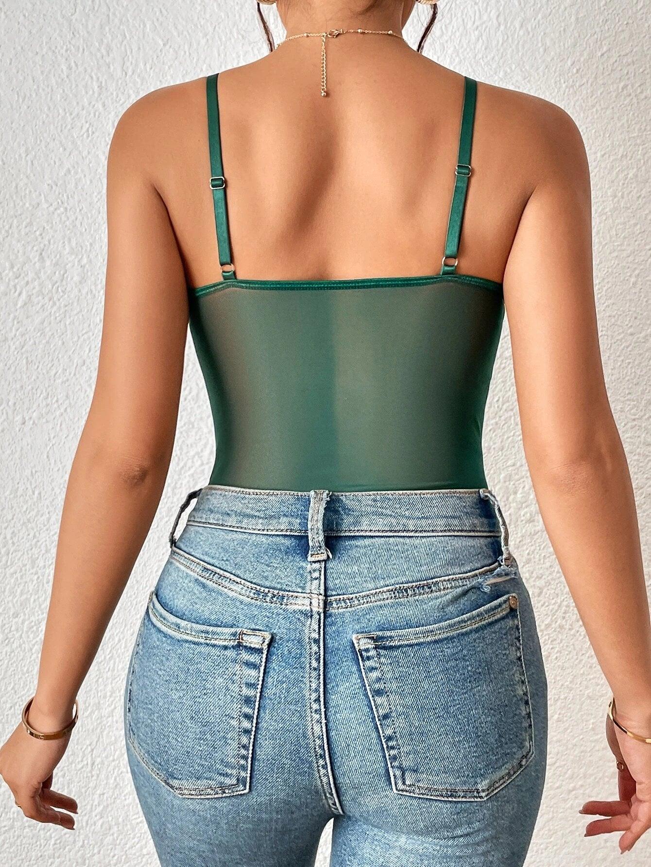 Lace Insert Mesh Bodysuit-Comfy Jumpsuits