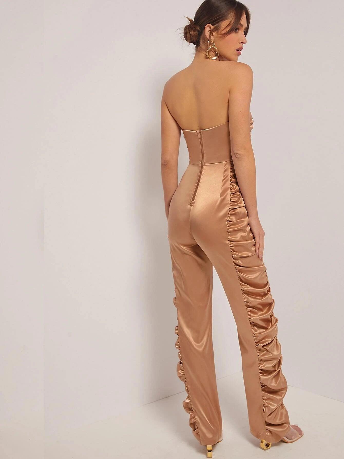 Ruched Side Satin Tube Jumpsuit-Comfy Jumpsuits