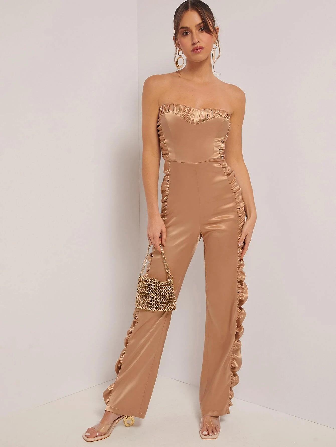 Ruched Side Satin Tube Jumpsuit-Comfy Jumpsuits