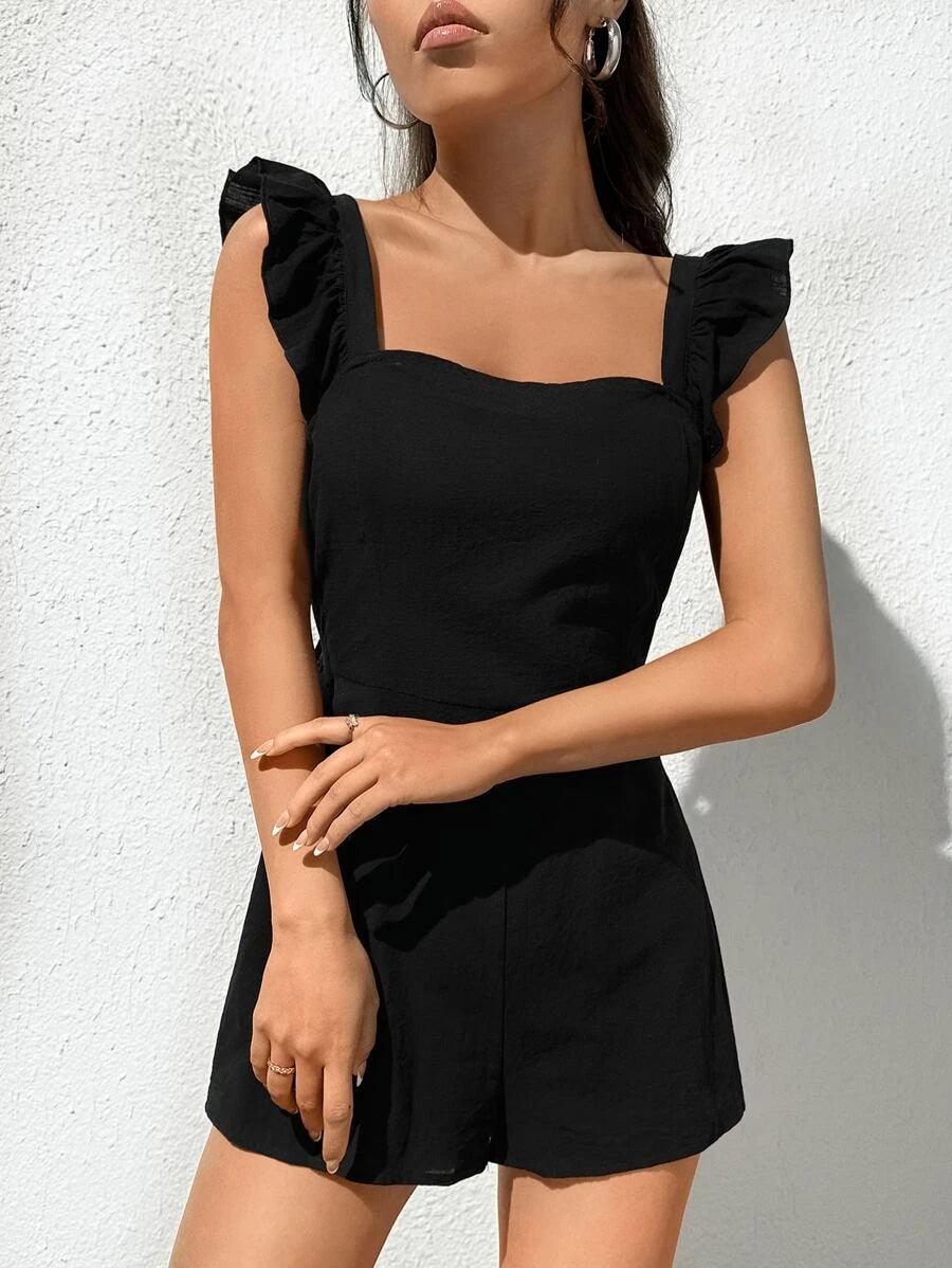 Tie Backless Ruffle Trim Romper-Comfy Jumpsuits