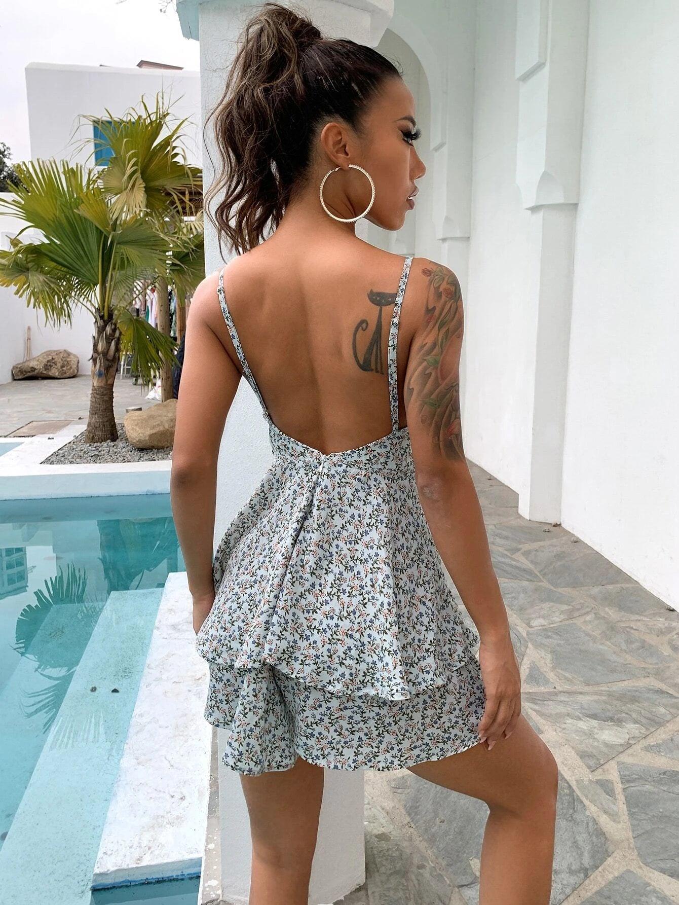 Floral Tie Front Romper Jumpsuit-Comfy Jumpsuits