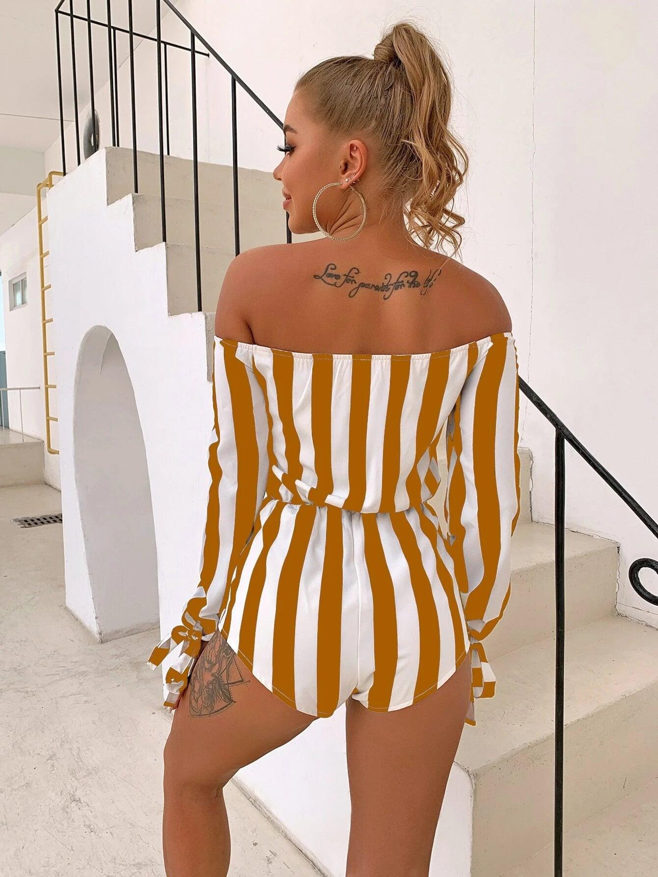 Striped Long Sleeve Front Romper-Comfy Jumpsuits