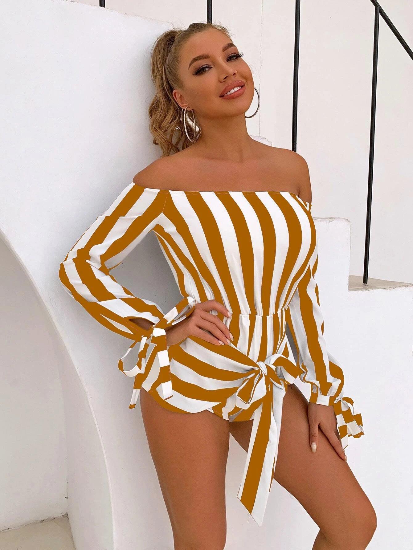 Striped Long Sleeve Front Romper-Comfy Jumpsuits