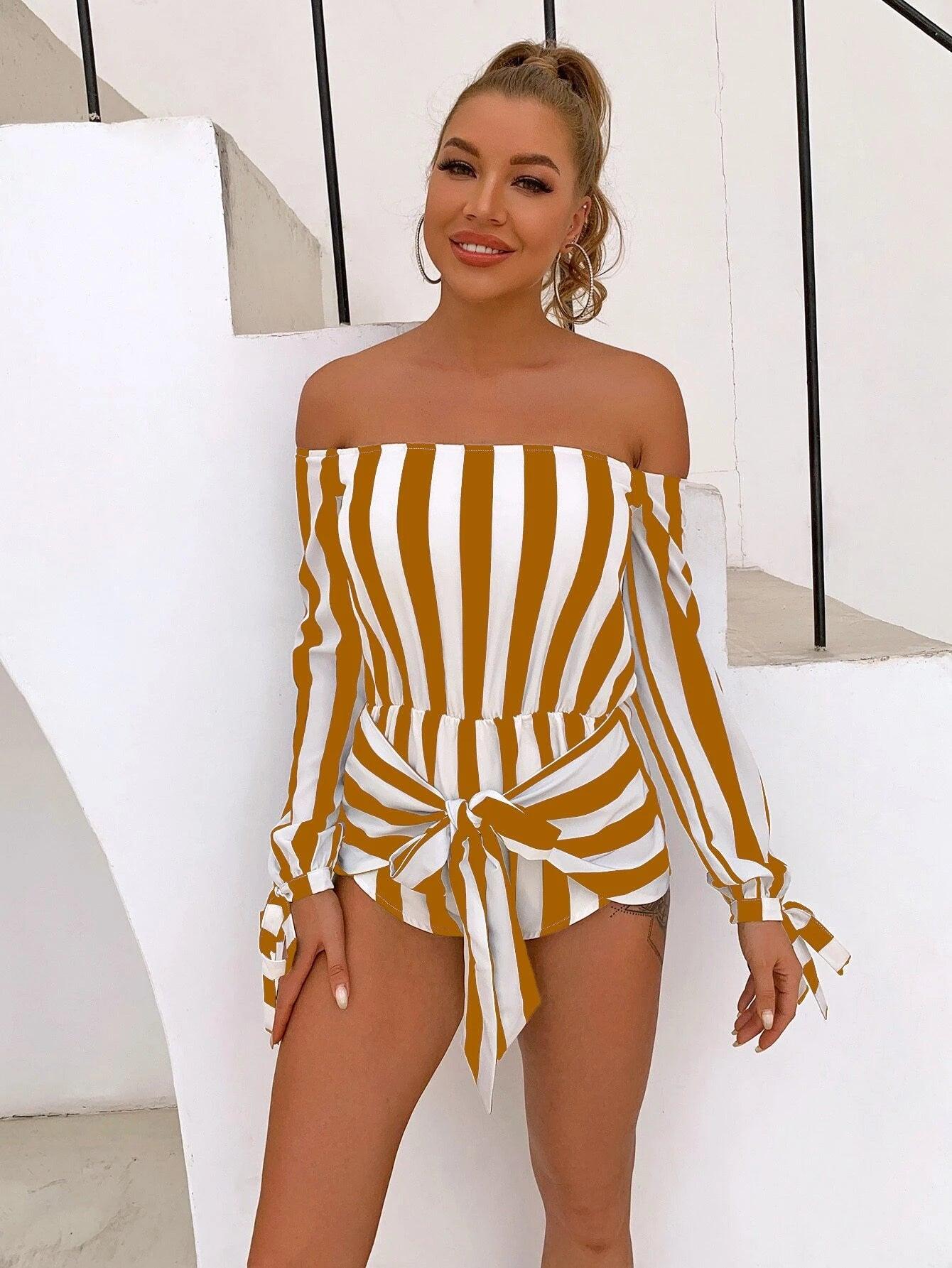 Striped Long Sleeve Front Romper-Comfy Jumpsuits