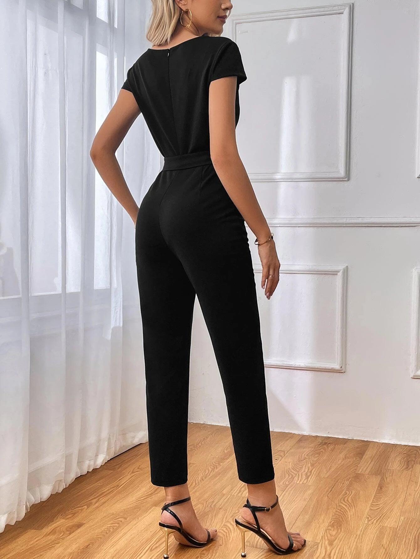 Contrast Mesh Belted Jumpsuit-Comfy Jumpsuits