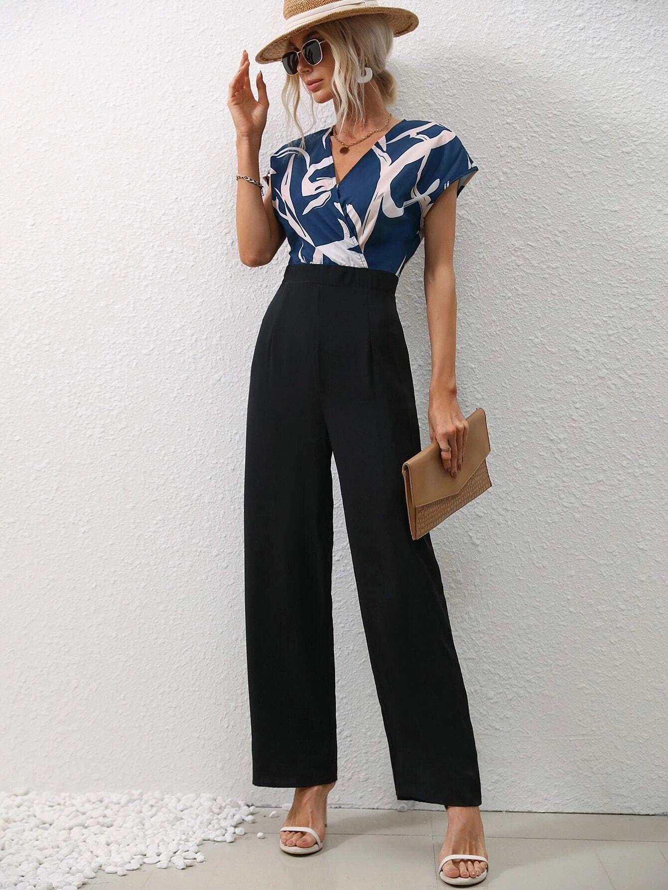 Graphic Print Overlap Collar Jumpsuit-Comfy Jumpsuits