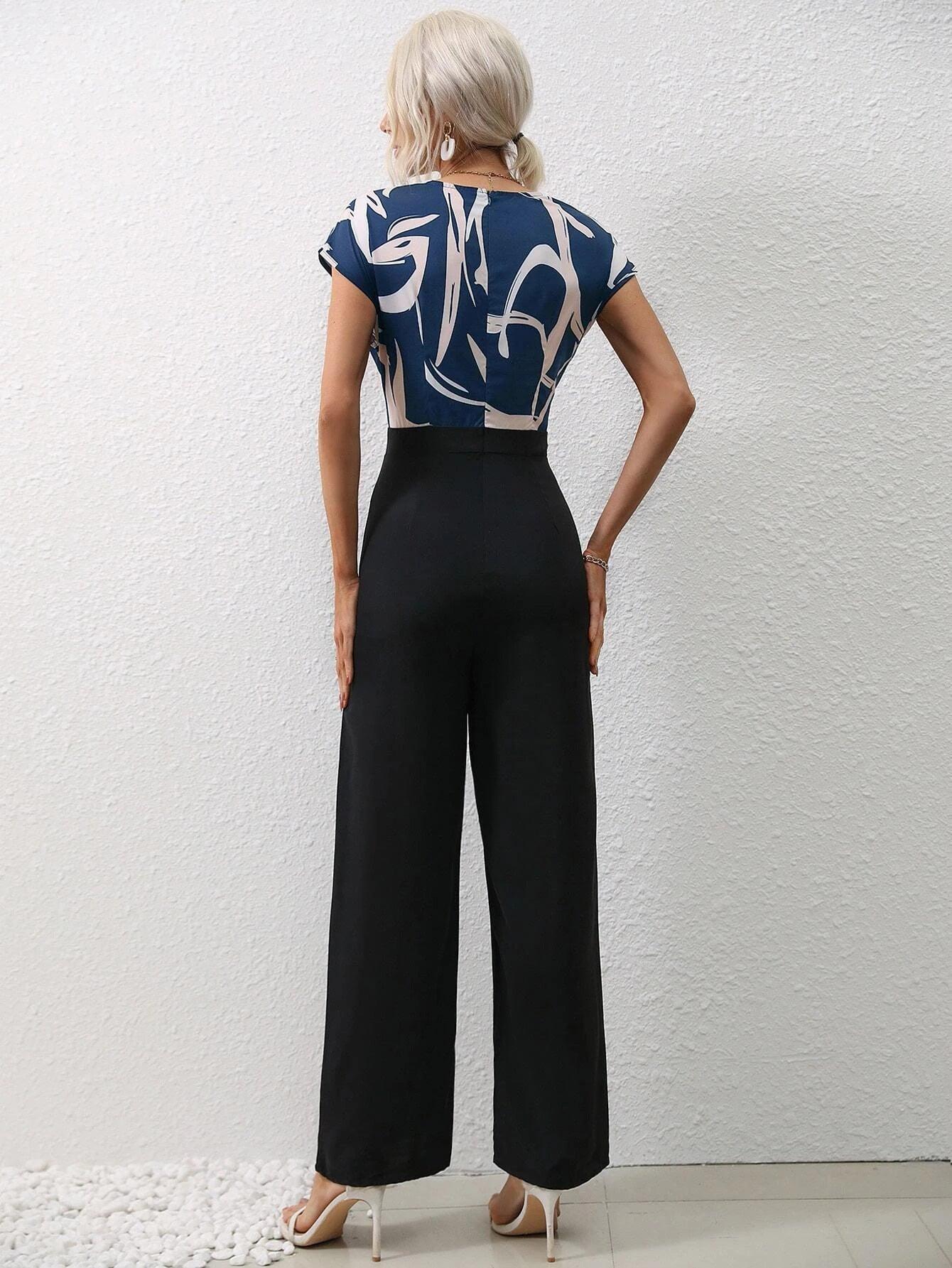 Graphic Print Overlap Collar Jumpsuit-Comfy Jumpsuits
