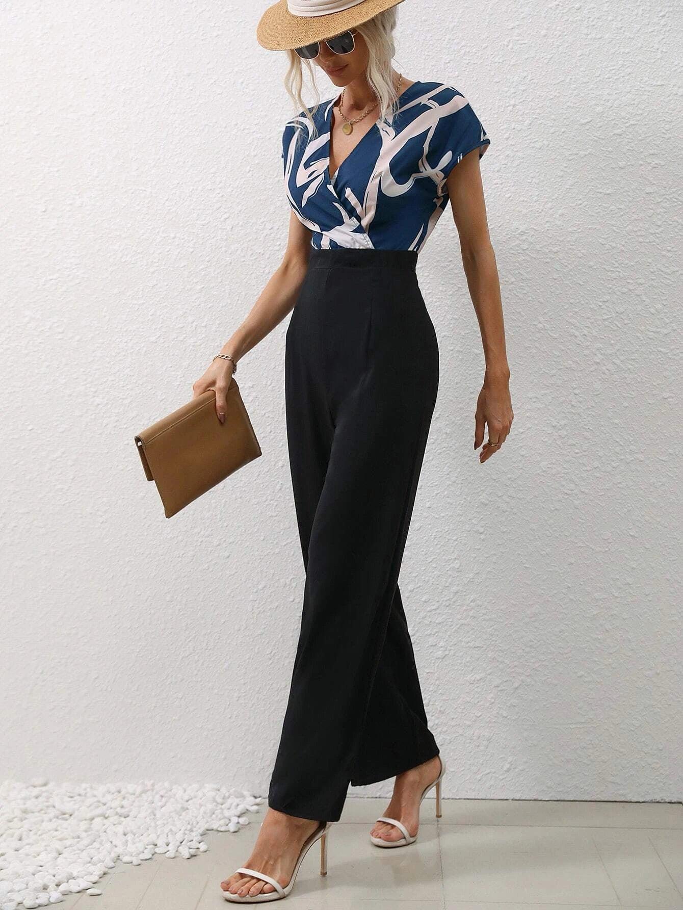 Graphic Print Overlap Collar Jumpsuit-Comfy Jumpsuits
