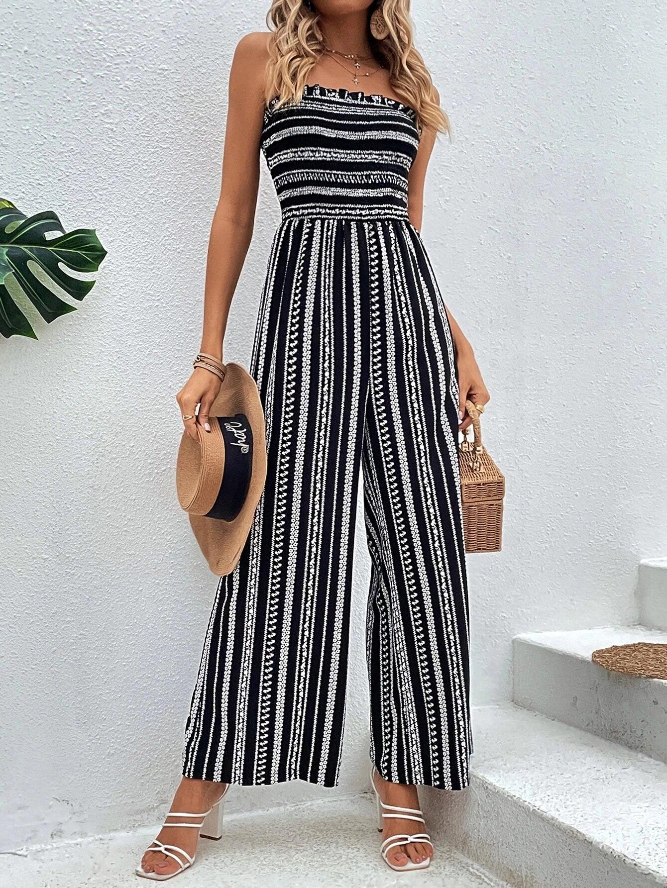 Striped Pattern Shirred Tube Jumpsuit-Comfy Jumpsuits