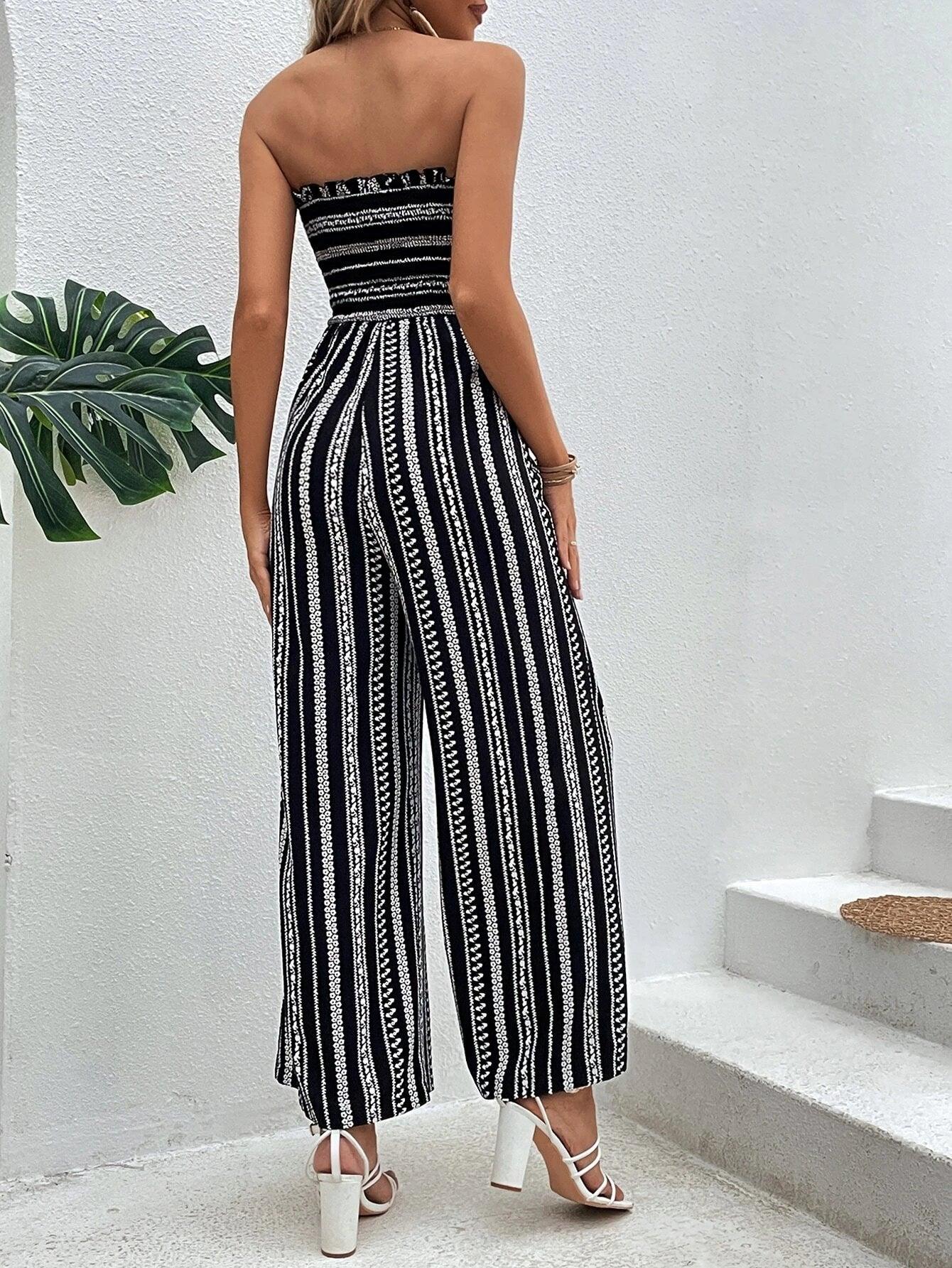 Striped Pattern Shirred Tube Jumpsuit-Comfy Jumpsuits