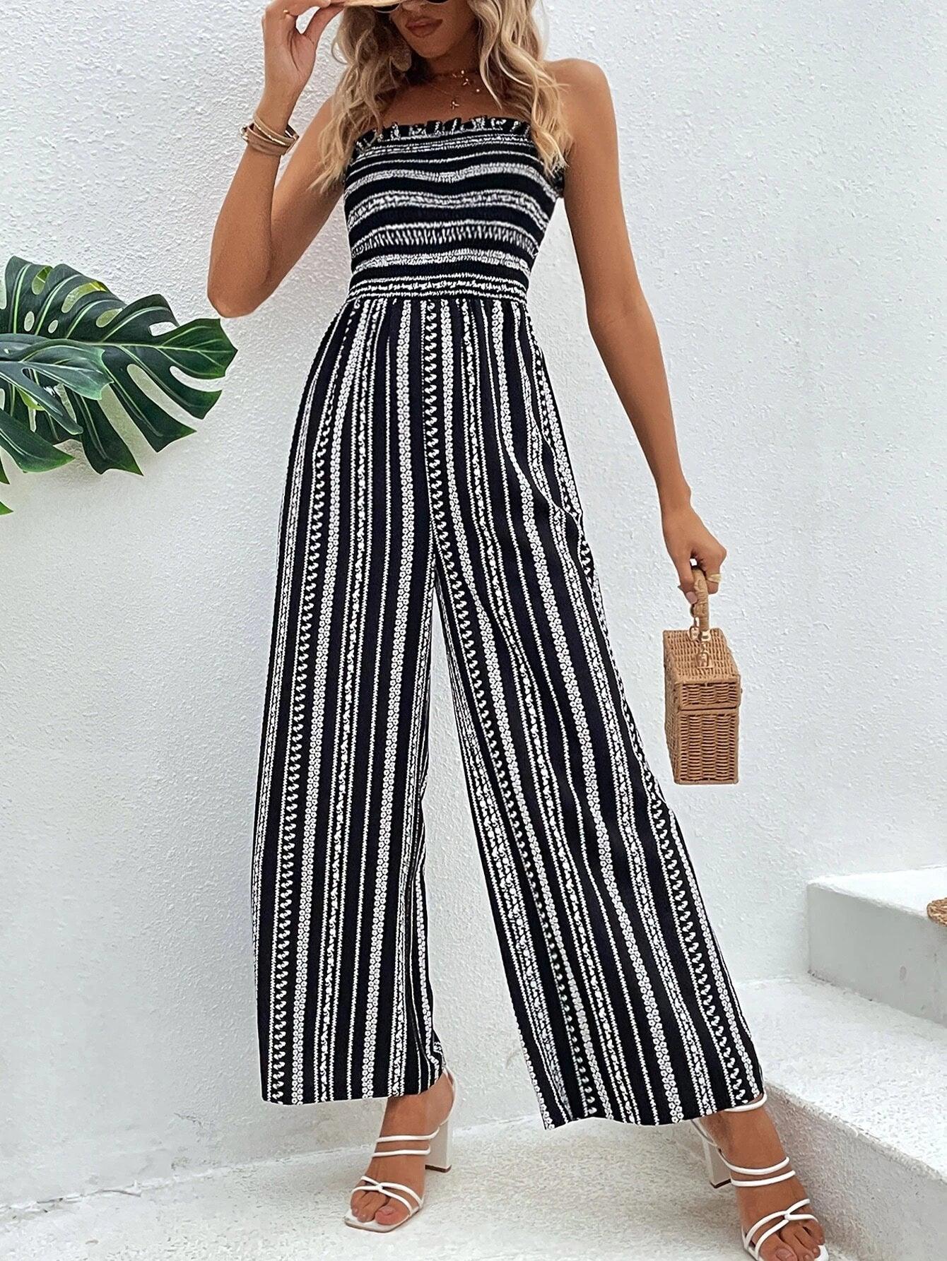 Striped Pattern Shirred Tube Jumpsuit-Comfy Jumpsuits