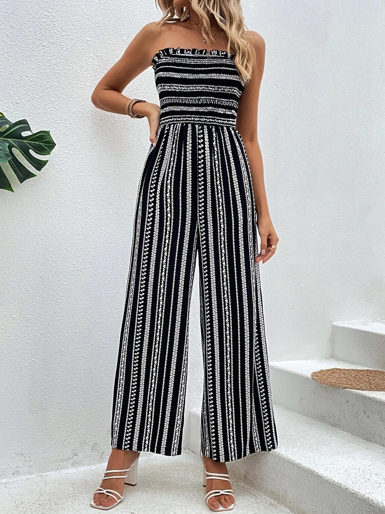 Striped Pattern Shirred Tube Jumpsuit-Comfy Jumpsuits