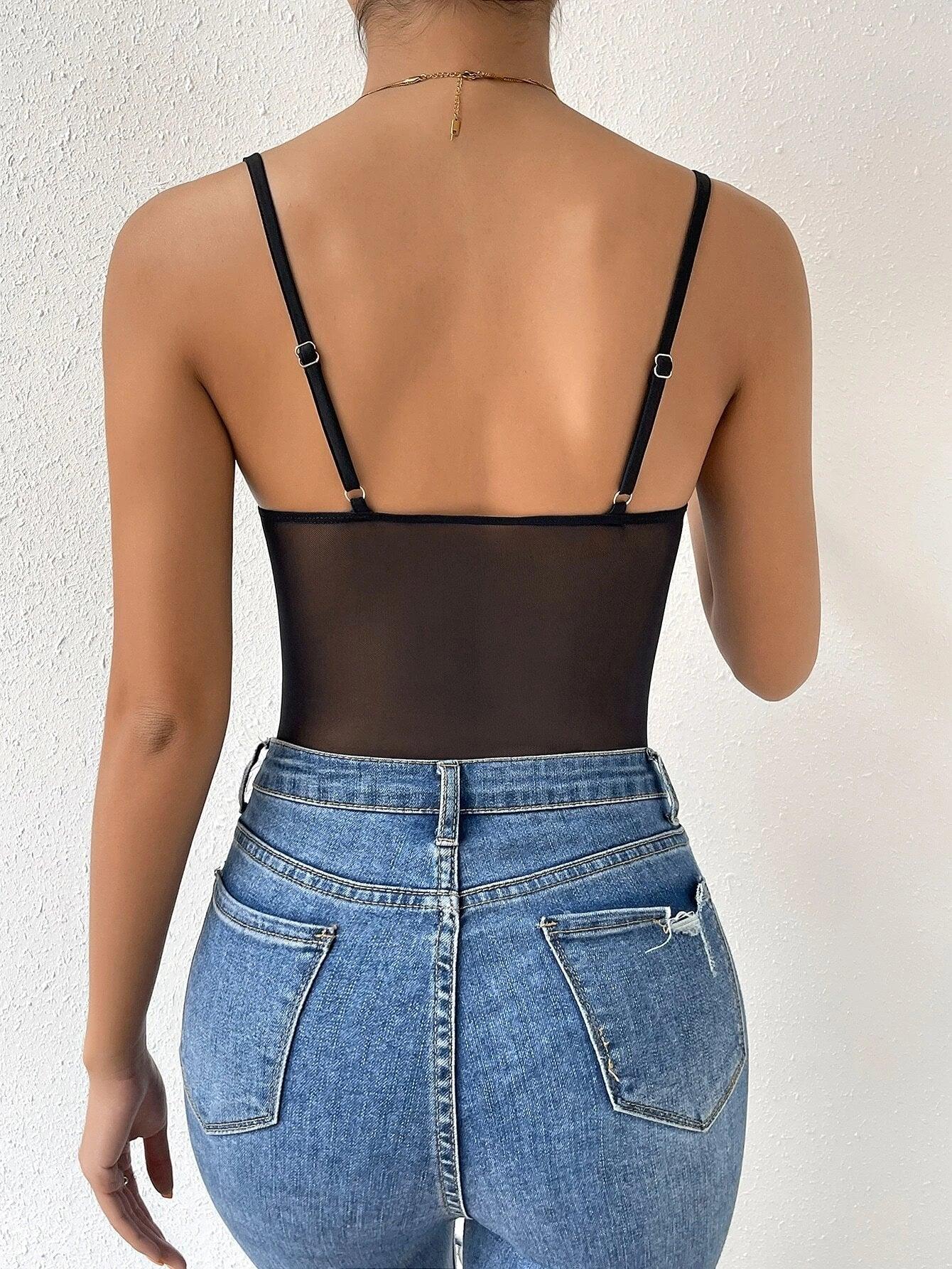 Contrast Mesh Cami Bodysuit-Comfy Jumpsuits
