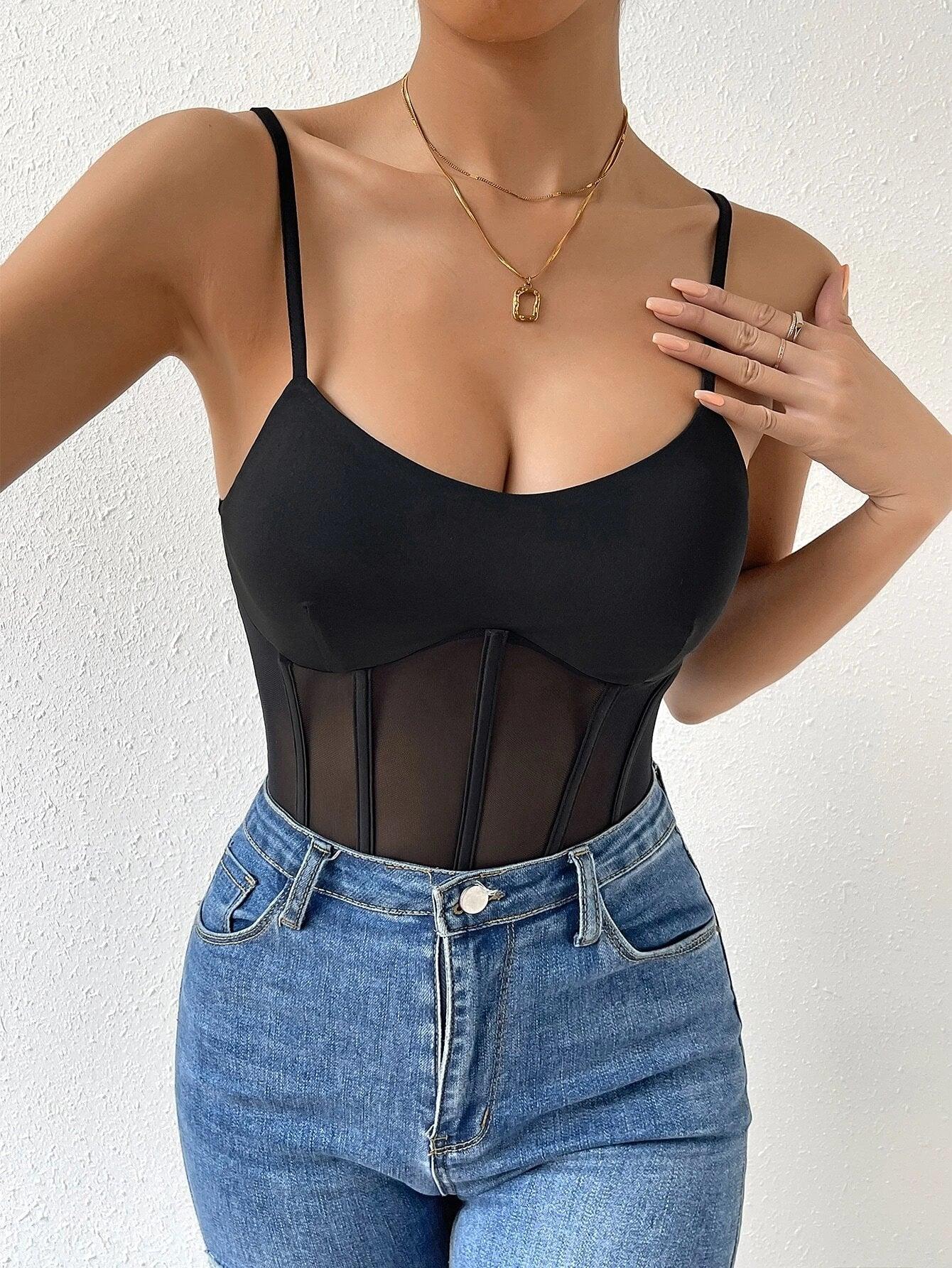 Contrast Mesh Cami Bodysuit-Comfy Jumpsuits