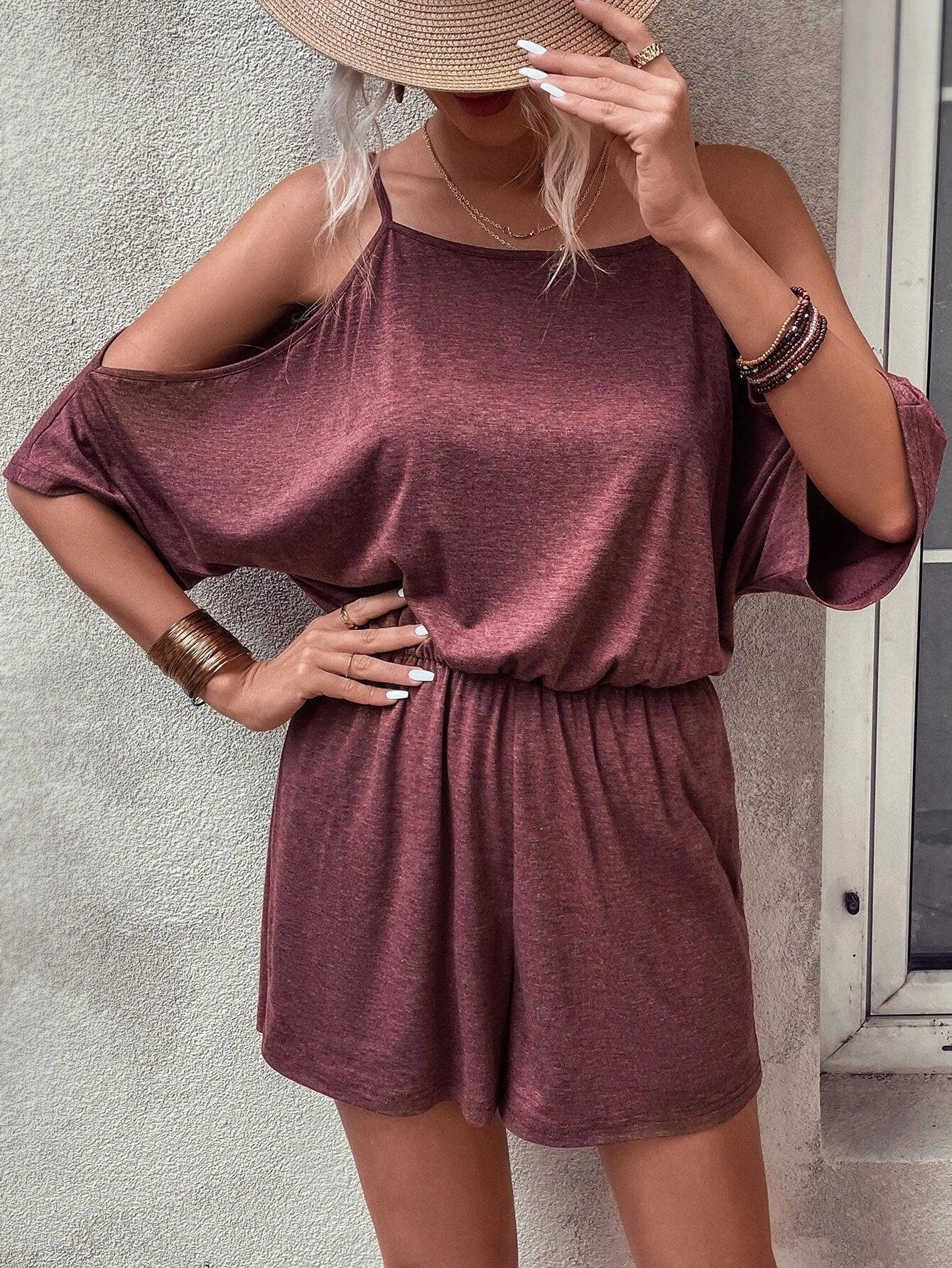 Cold Shoulder Batwing Sleeve Romper-Comfy Jumpsuits