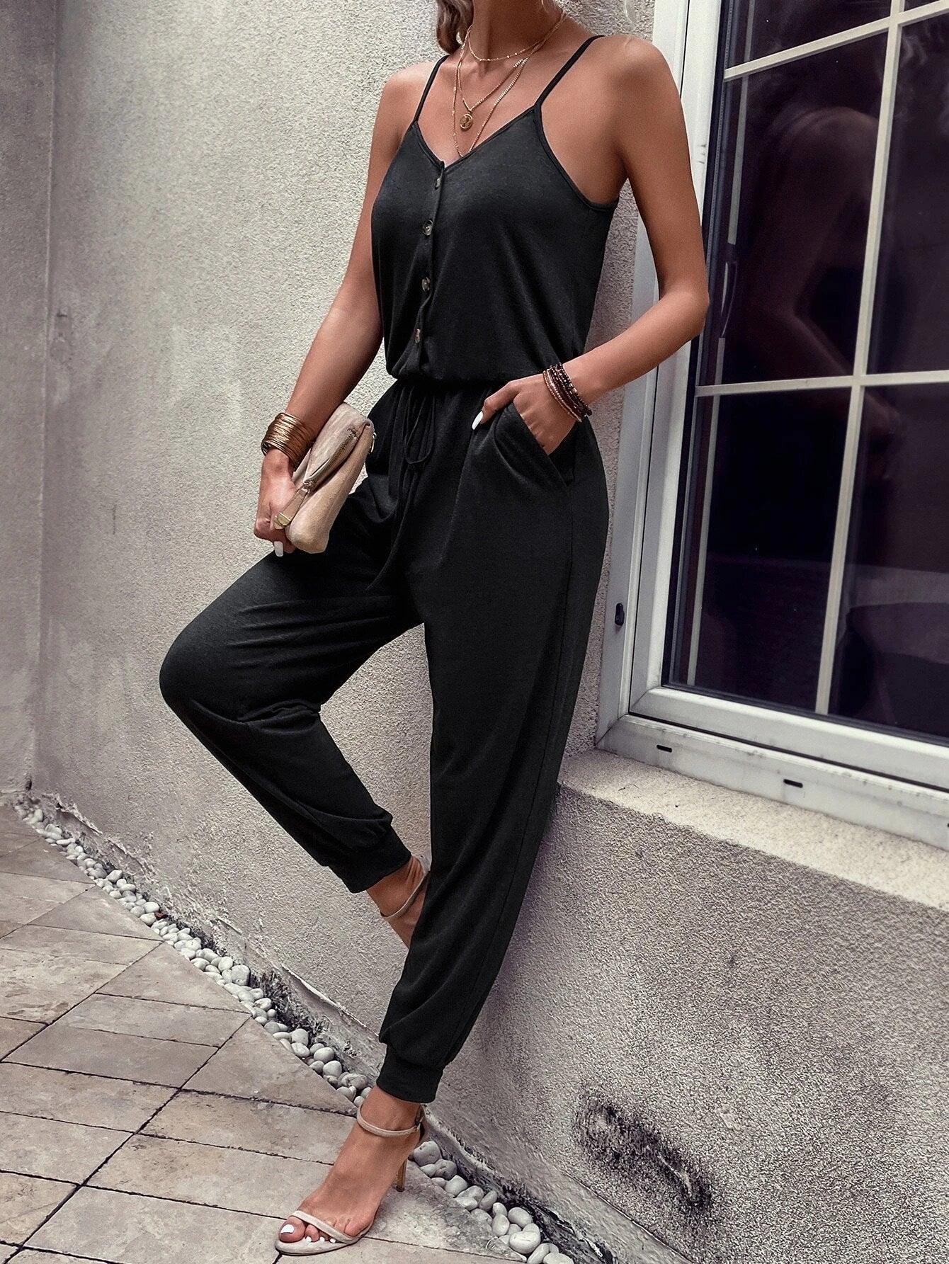 Button Front Jumpsuit-Comfy Jumpsuits