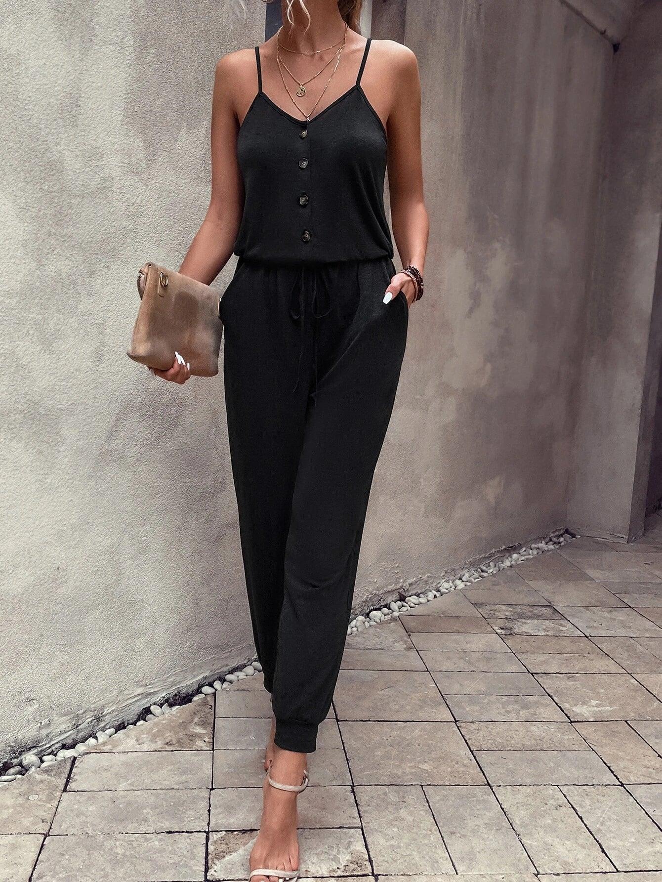 Button Front Jumpsuit-Comfy Jumpsuits