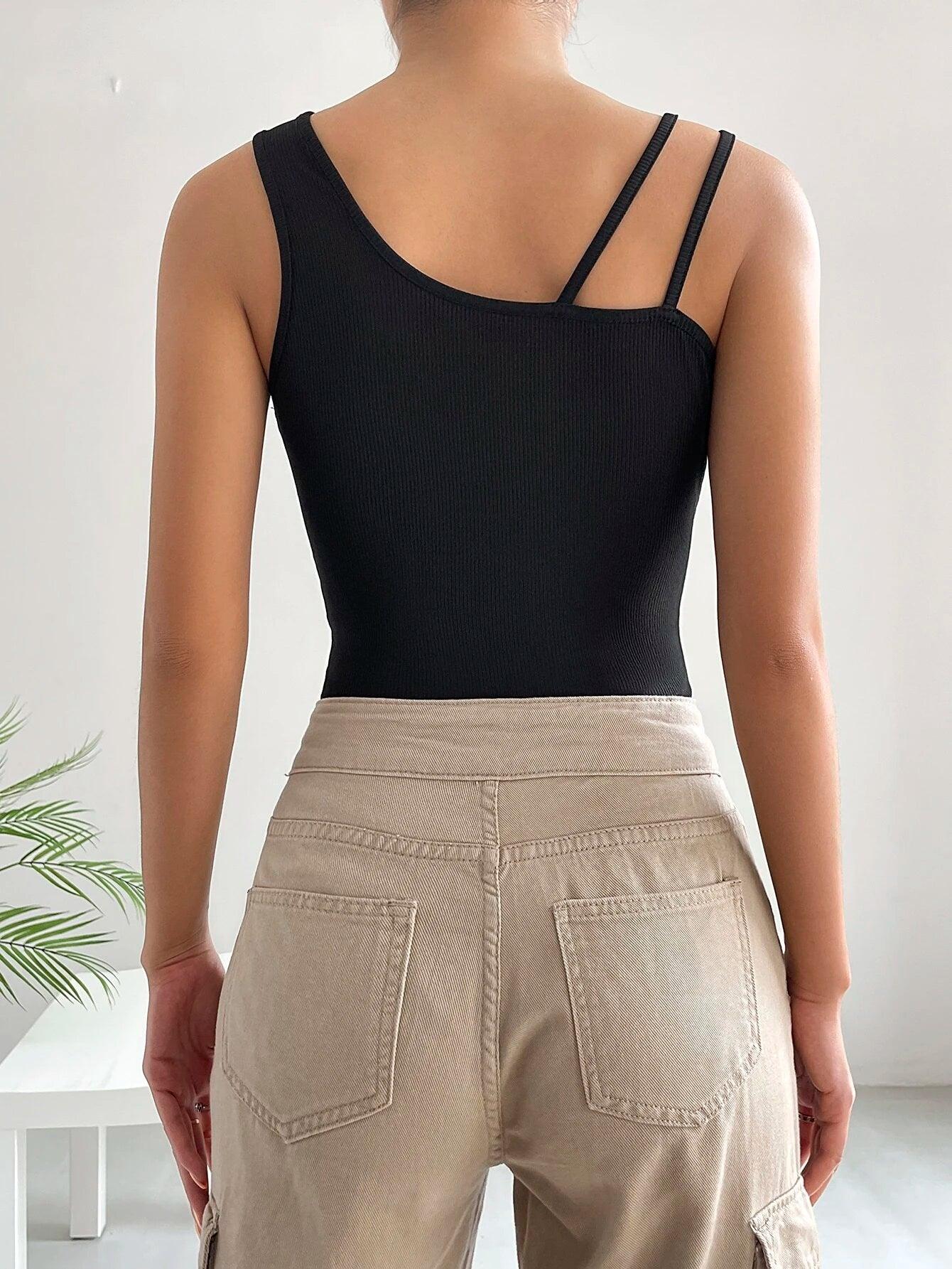 Solid Asymmetrical Neck Bodysuit-Comfy Jumpsuits