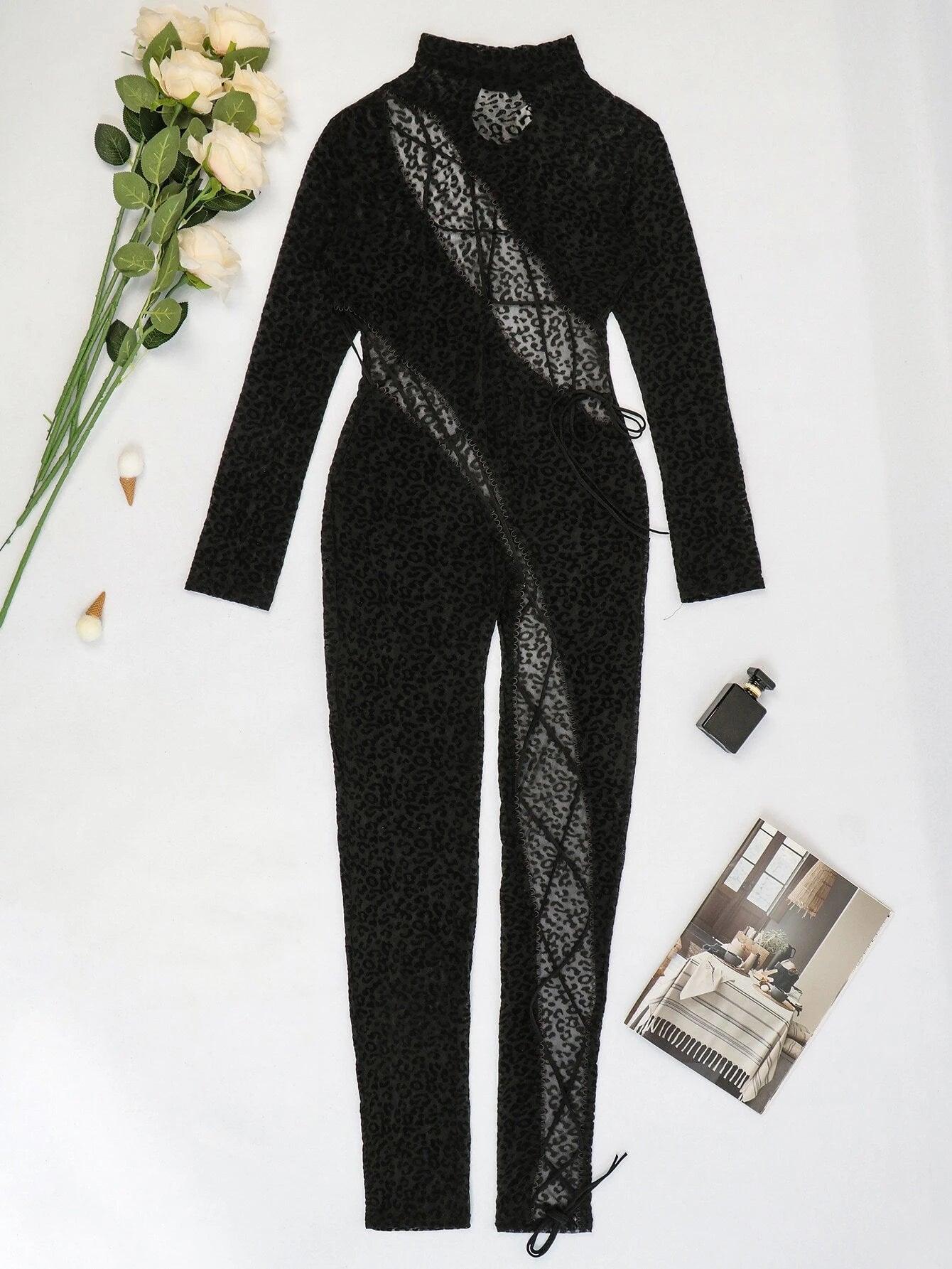 Leopard Print Side Mesh Jumpsuit-Comfy Jumpsuits