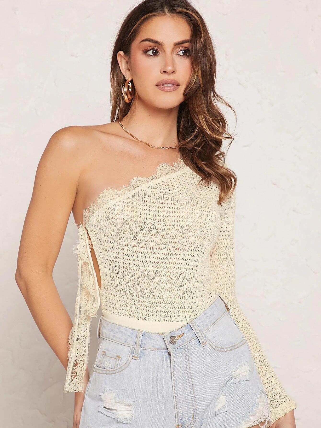 One Shoulder Knot Side Lace Trim Bodysuit-Comfy Jumpsuits