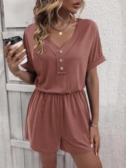 Solid Button Front Tee Romper-Comfy Jumpsuits