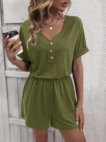 Solid Button Front Tee Romper-Comfy Jumpsuits