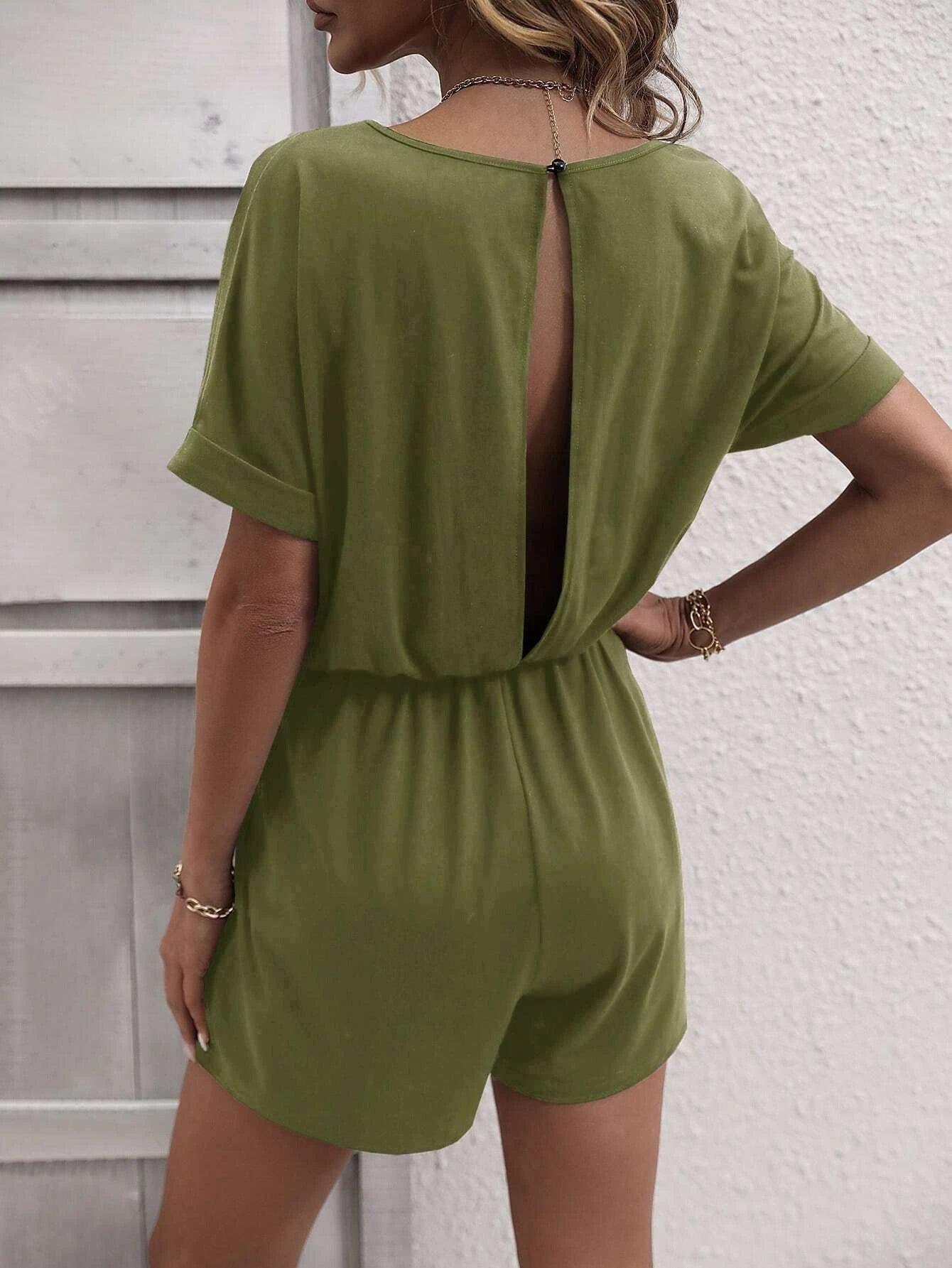 Solid Button Front Tee Romper-Comfy Jumpsuits