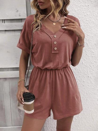 Solid Button Front Tee Romper-Comfy Jumpsuits