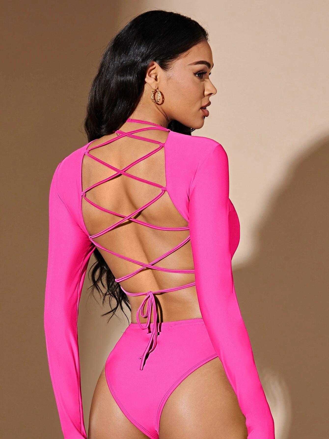 Lace Up Backless Long Sleeve Bodysuit-Comfy Jumpsuits