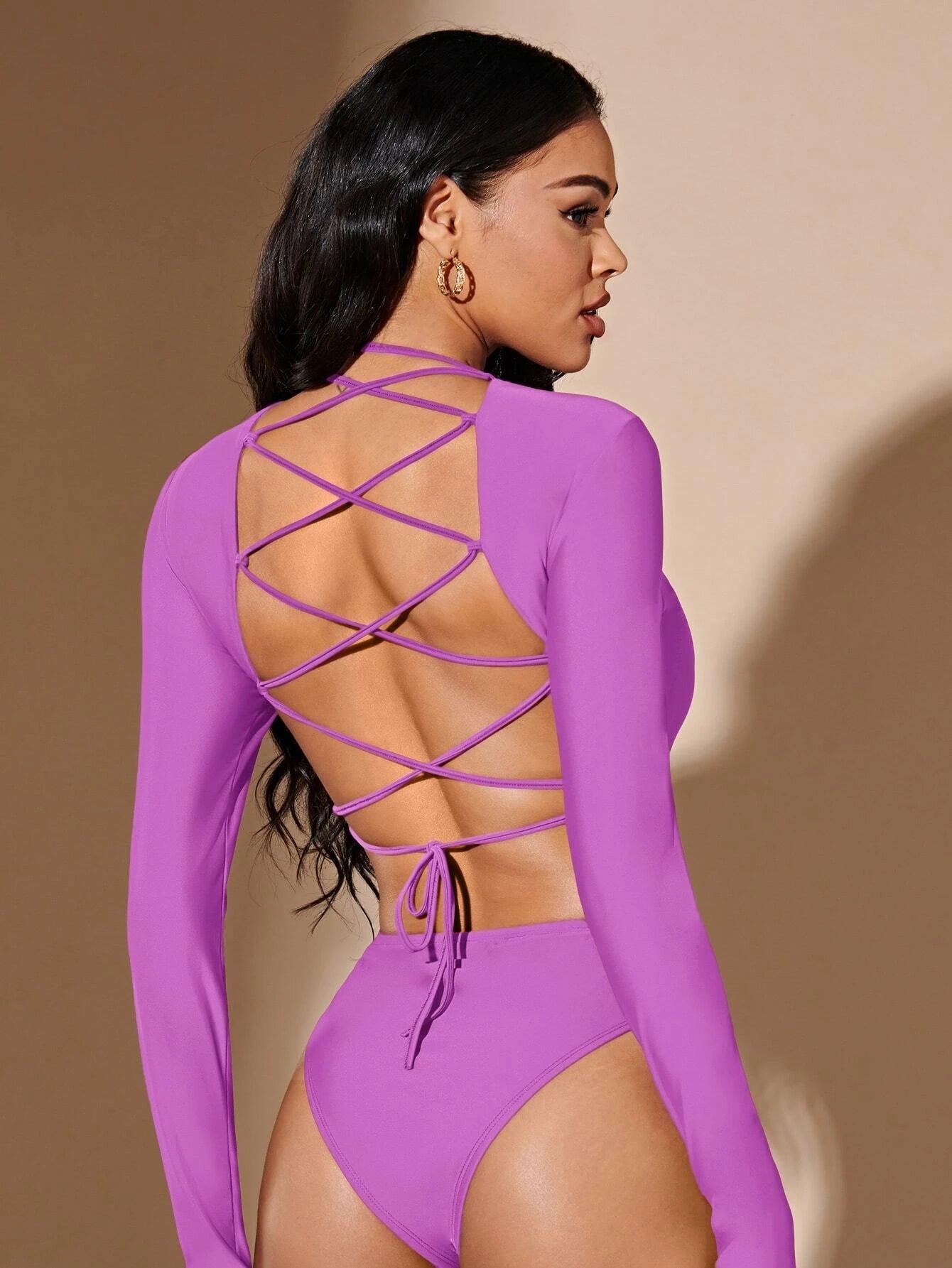 Lace Up Backless Long Sleeve Bodysuit-Comfy Jumpsuits