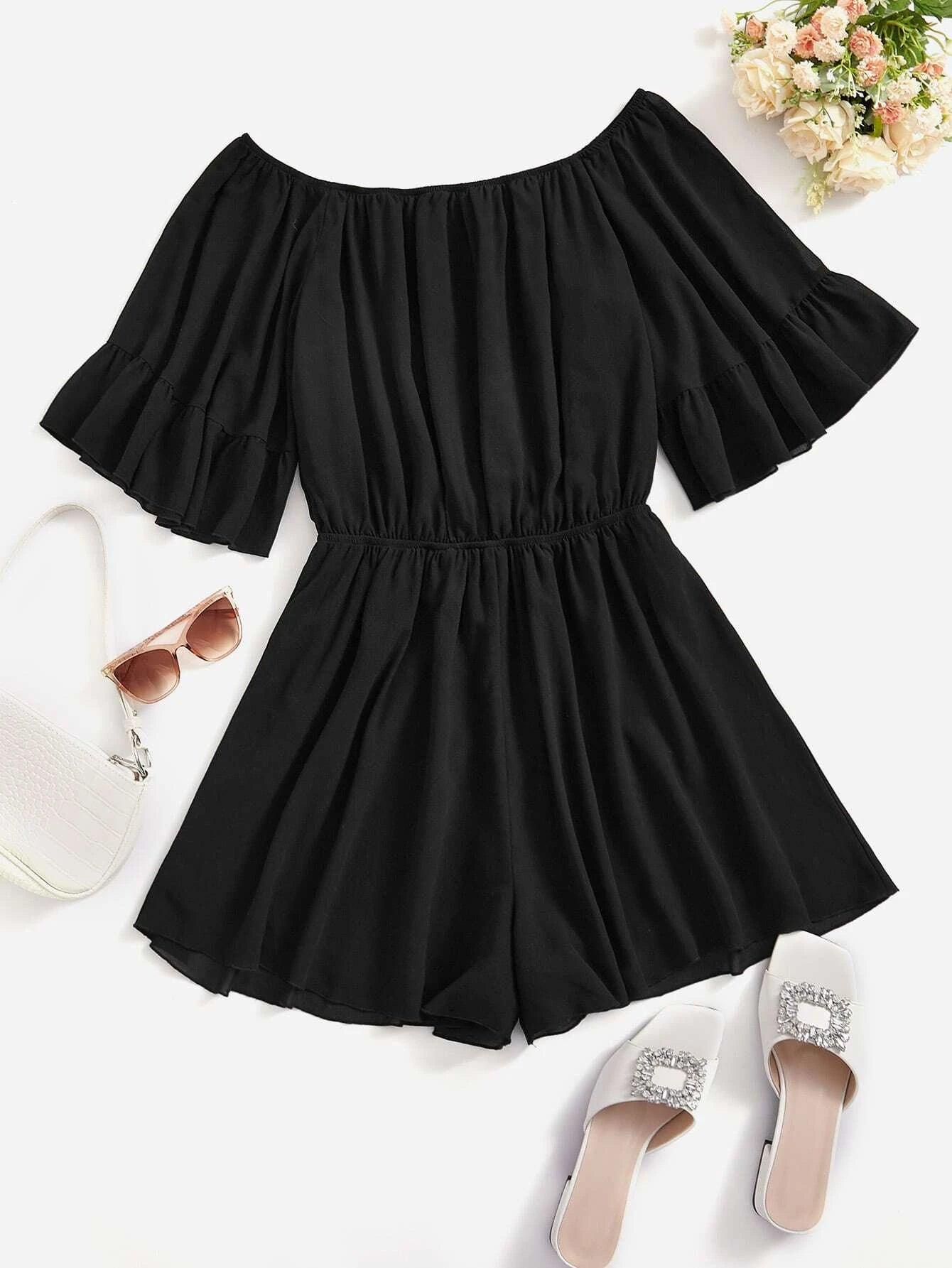 Solid Off Shoulder Romper-Comfy Jumpsuits