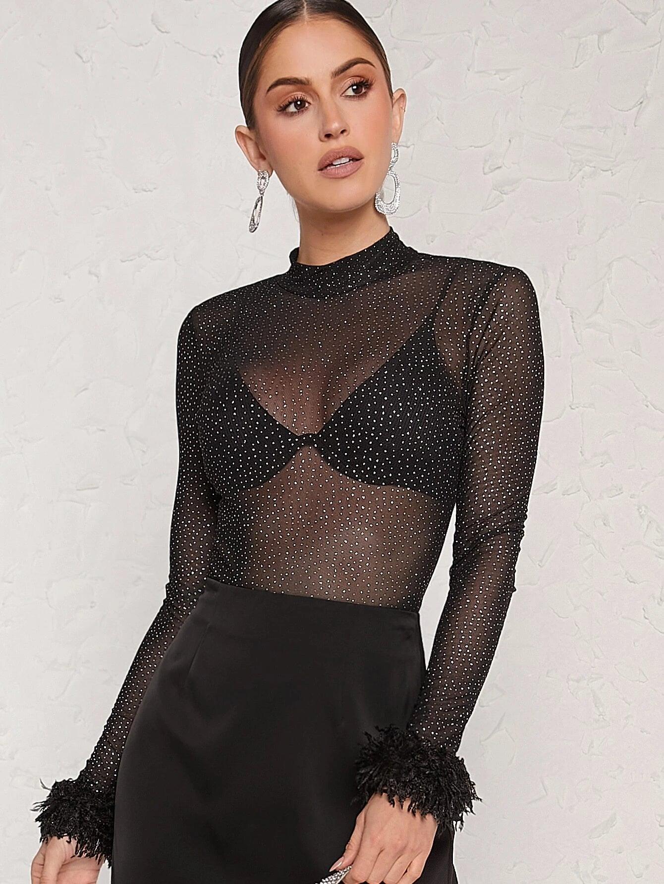 Cuff Rhinestone Detail Sheer Mesh Bodysuit Without Innerwear-Comfy Jumpsuits