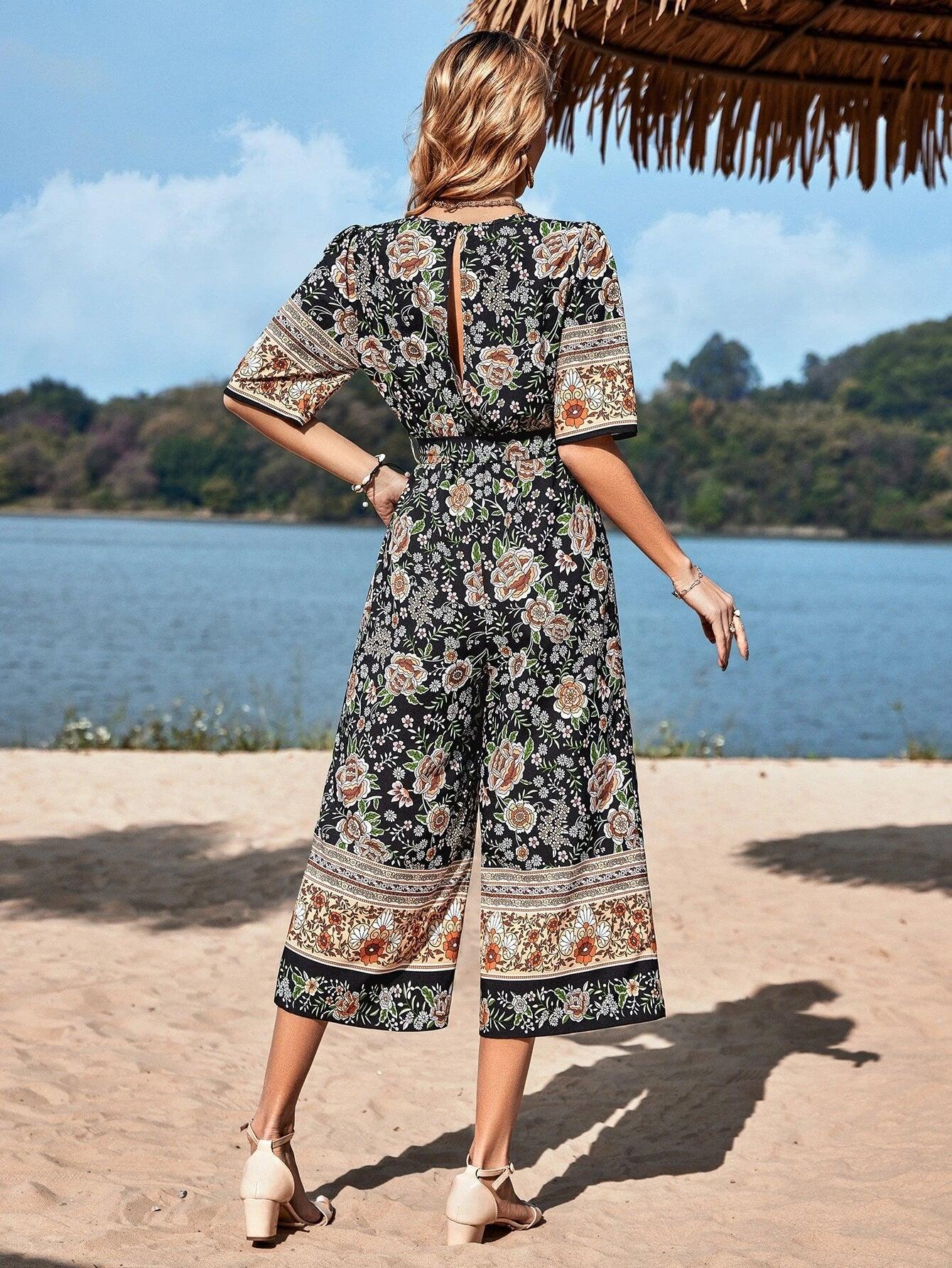 Floral Print Belted Jumpsuit-Comfy Jumpsuits