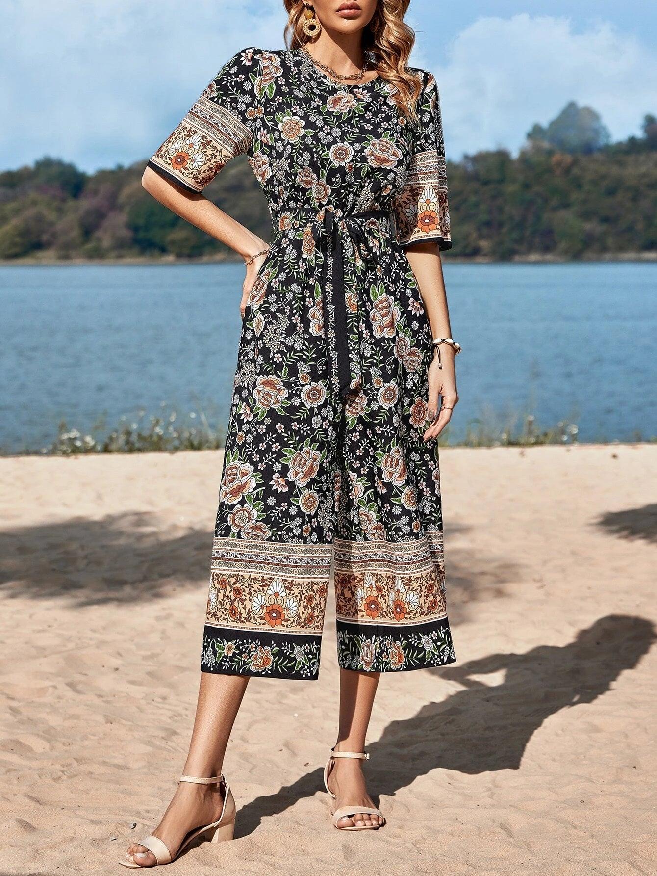Floral Print Belted Jumpsuit-Comfy Jumpsuits
