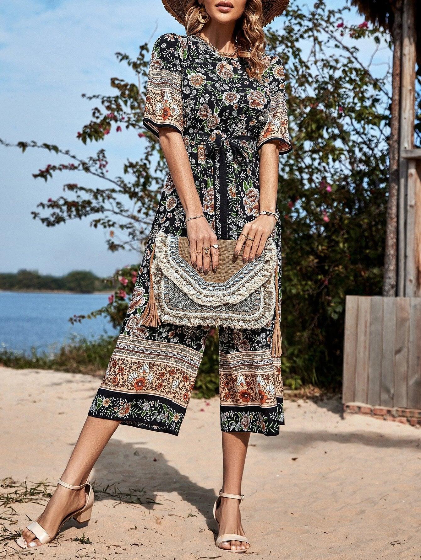 Floral Print Belted Jumpsuit-Comfy Jumpsuits