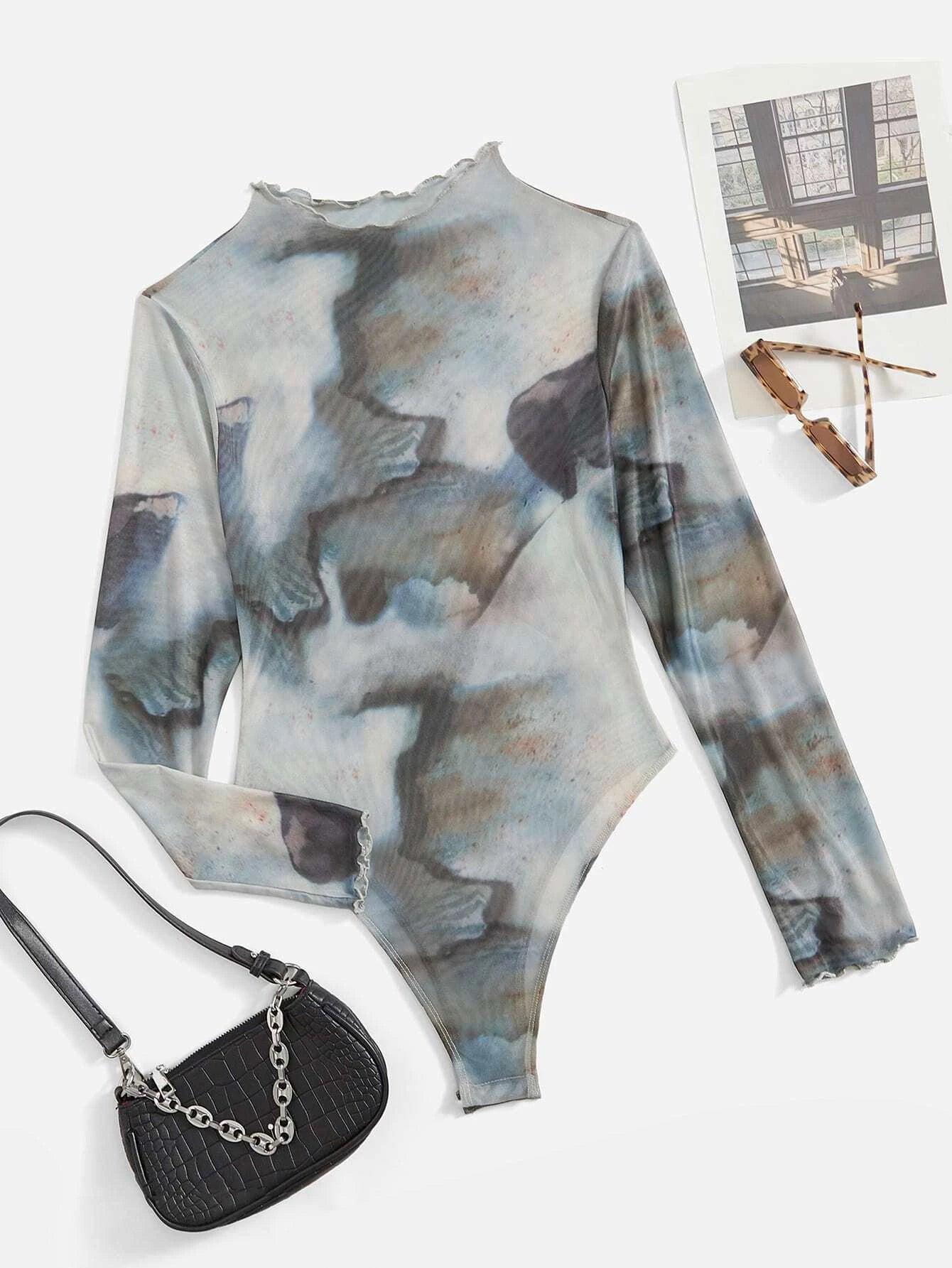 Tie Dye Mock Neck Mesh Bodysuit-Comfy Jumpsuits