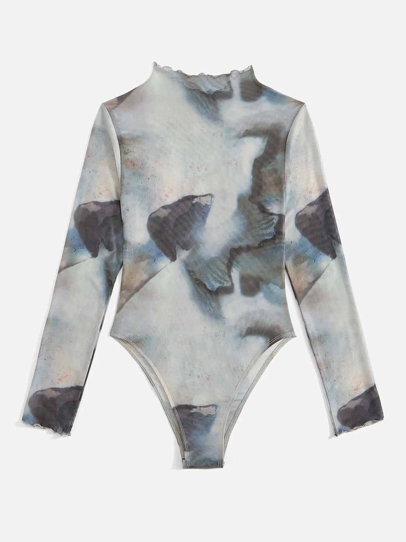 Tie Dye Mock Neck Mesh Bodysuit-Comfy Jumpsuits