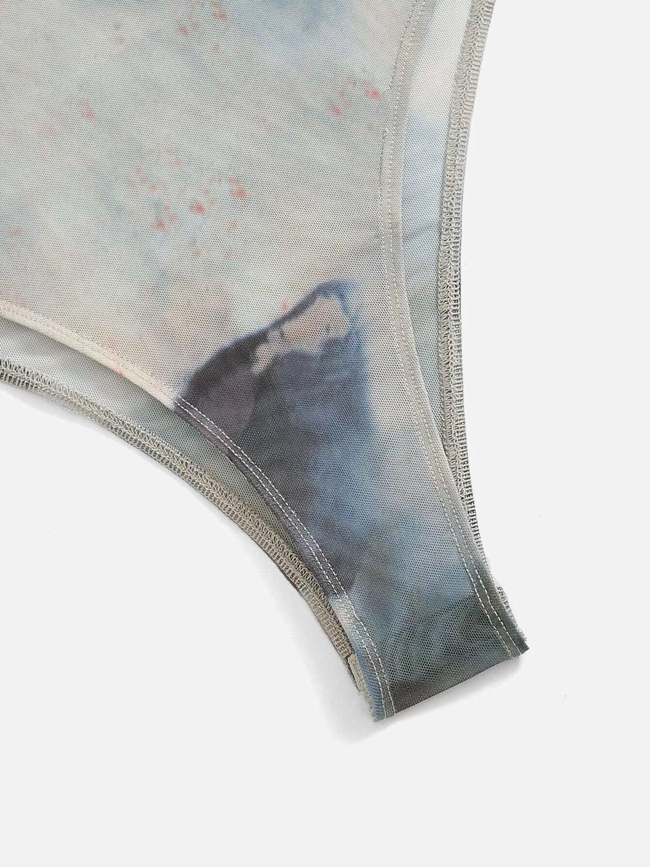 Tie Dye Mock Neck Mesh Bodysuit-Comfy Jumpsuits