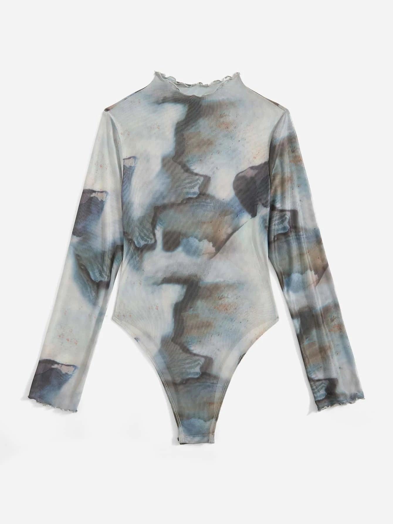 Tie Dye Mock Neck Mesh Bodysuit-Comfy Jumpsuits